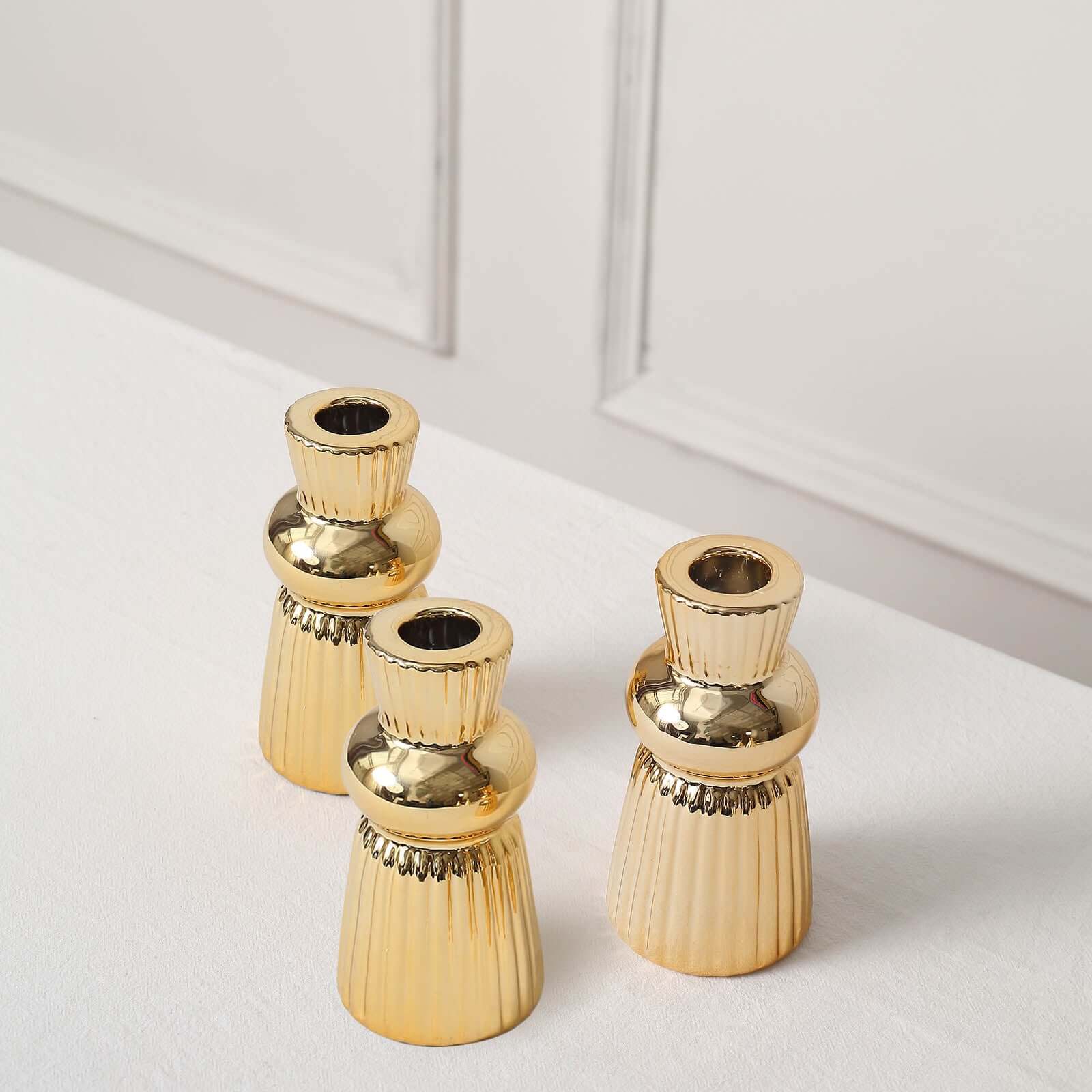 Set of 3 Metallic Gold Ceramic Taper Candle Holders with Fluted Ball Neck Design