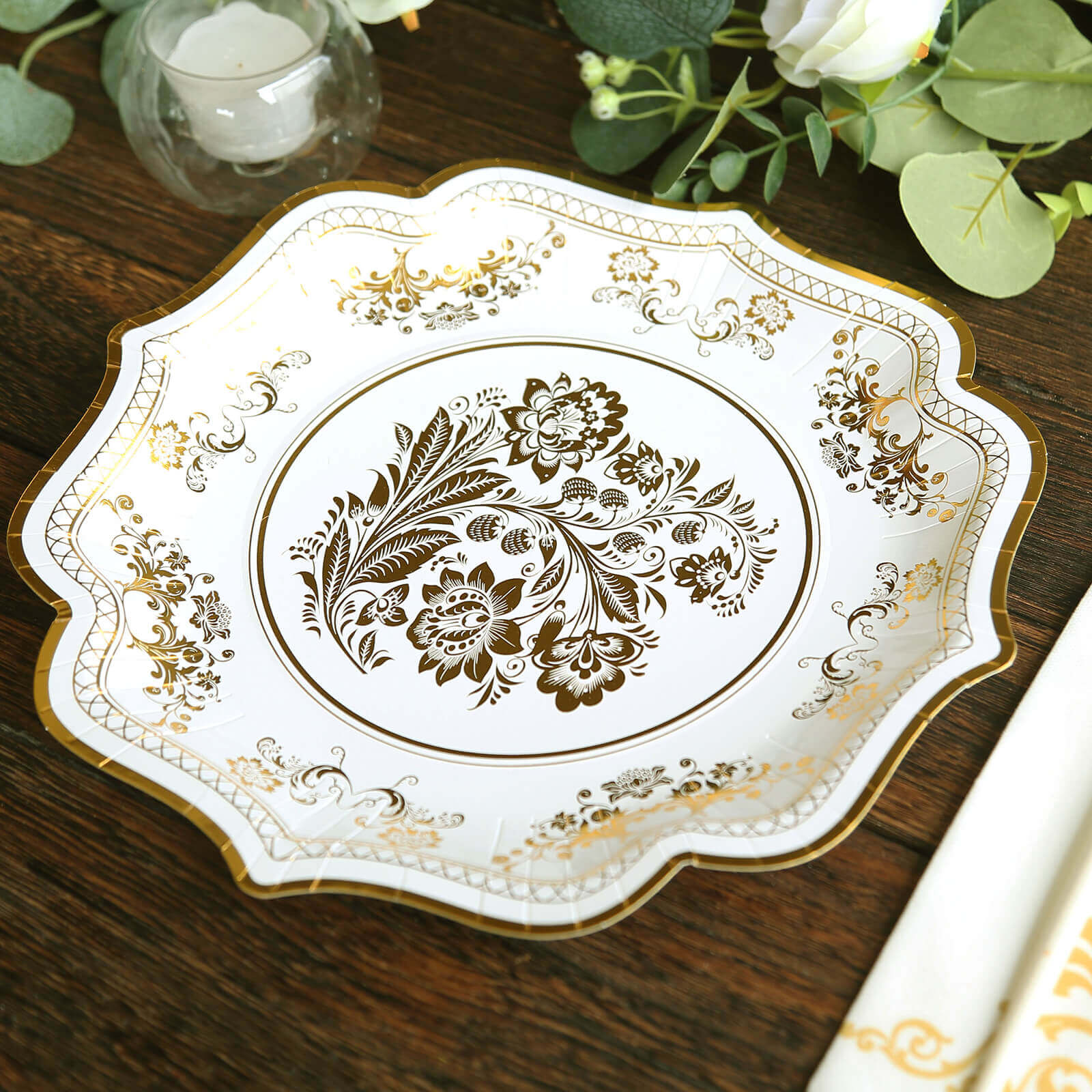 25-Piece Set of Elegant White and Gold Damask Floral Disposable Paper Dinner Plates, 10-Inch Size