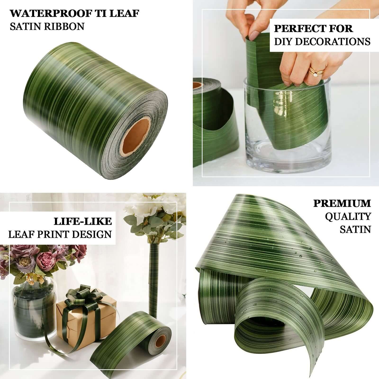 50-Yard 4" Green Ti Leaf Waterproof Satin Ribbon - Ideal for DIY Bouquet Crafts