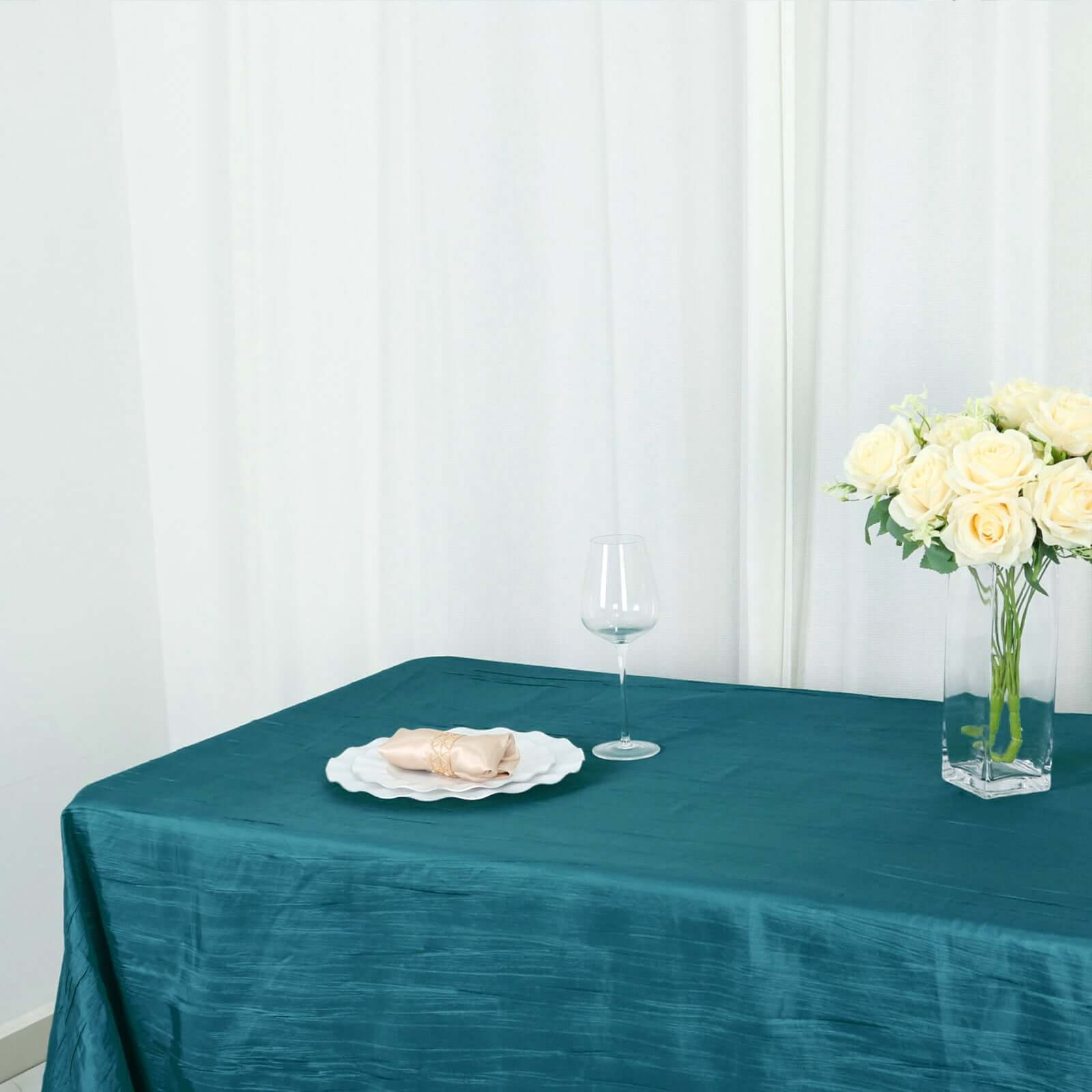Teal Crinkle Taffeta 90x156 Rectangle Tablecloth - Seamless, Exquisite Cover