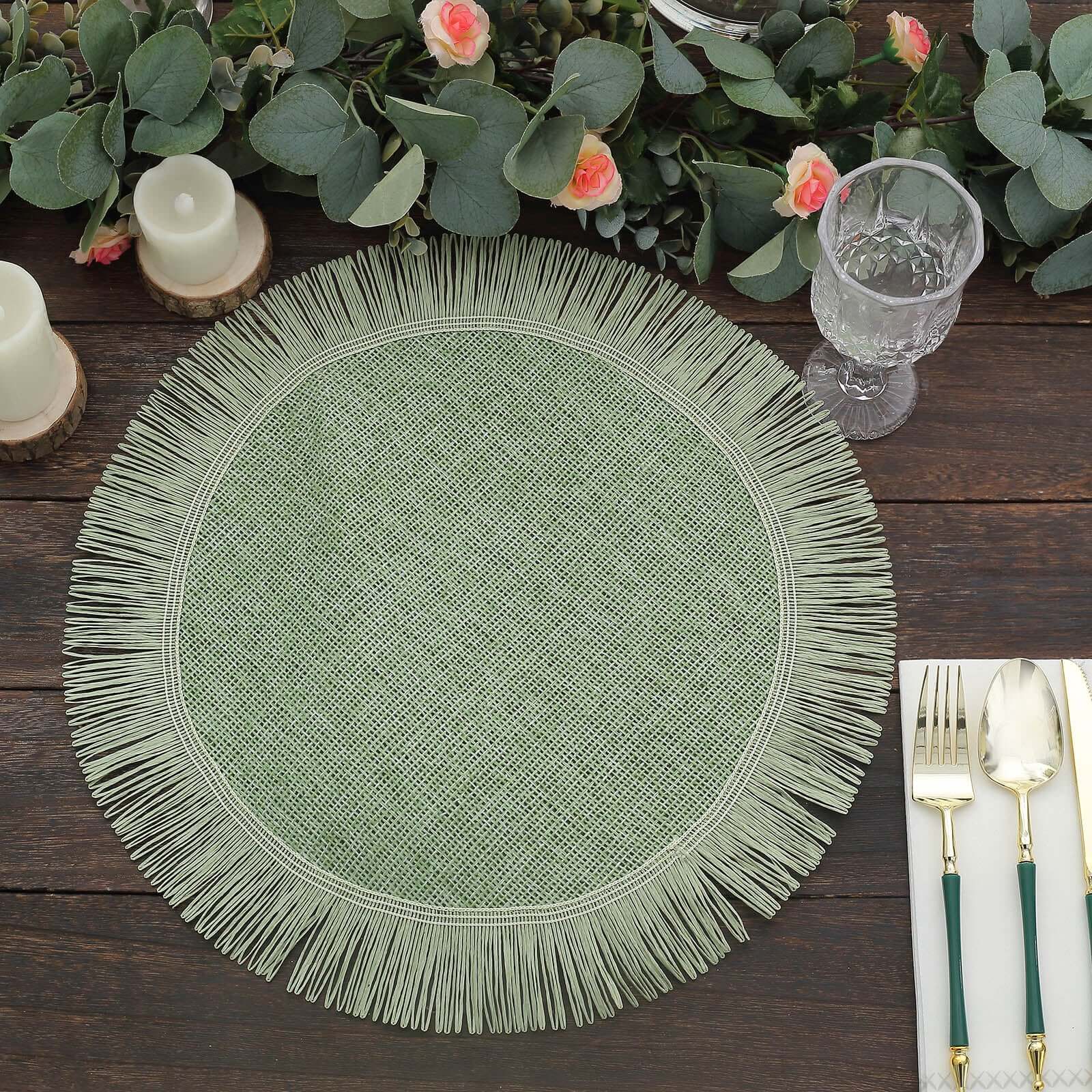 4-Piece Sage Green Jute Round Placemats with Fringe Edge - Rustic Boho Table Decor