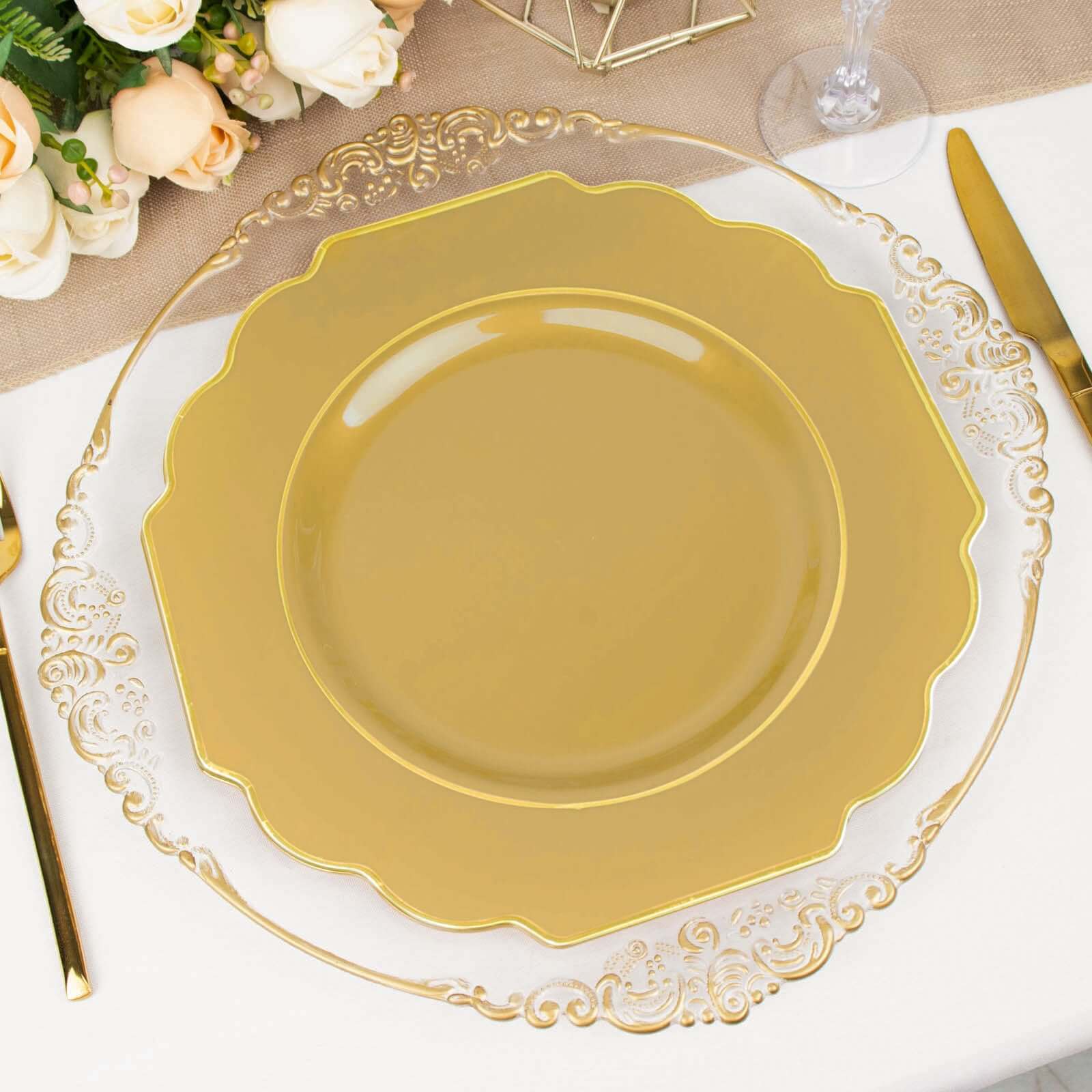 Get 10-Pack Heavy Duty Disposable Gold Baroque Dinner Plates with Scalloped Rim for Events