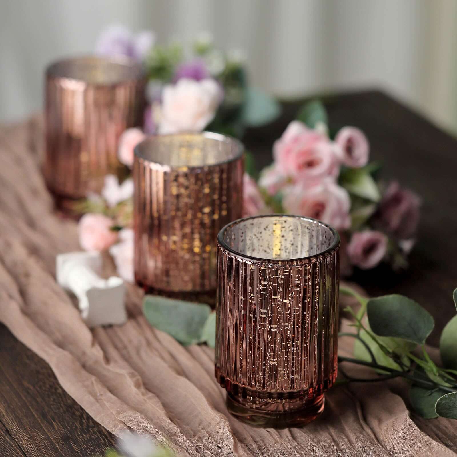 Hot Deal! 3-Pack Rose Gold Wavy Mercury Glass Hurricane Candle Holders