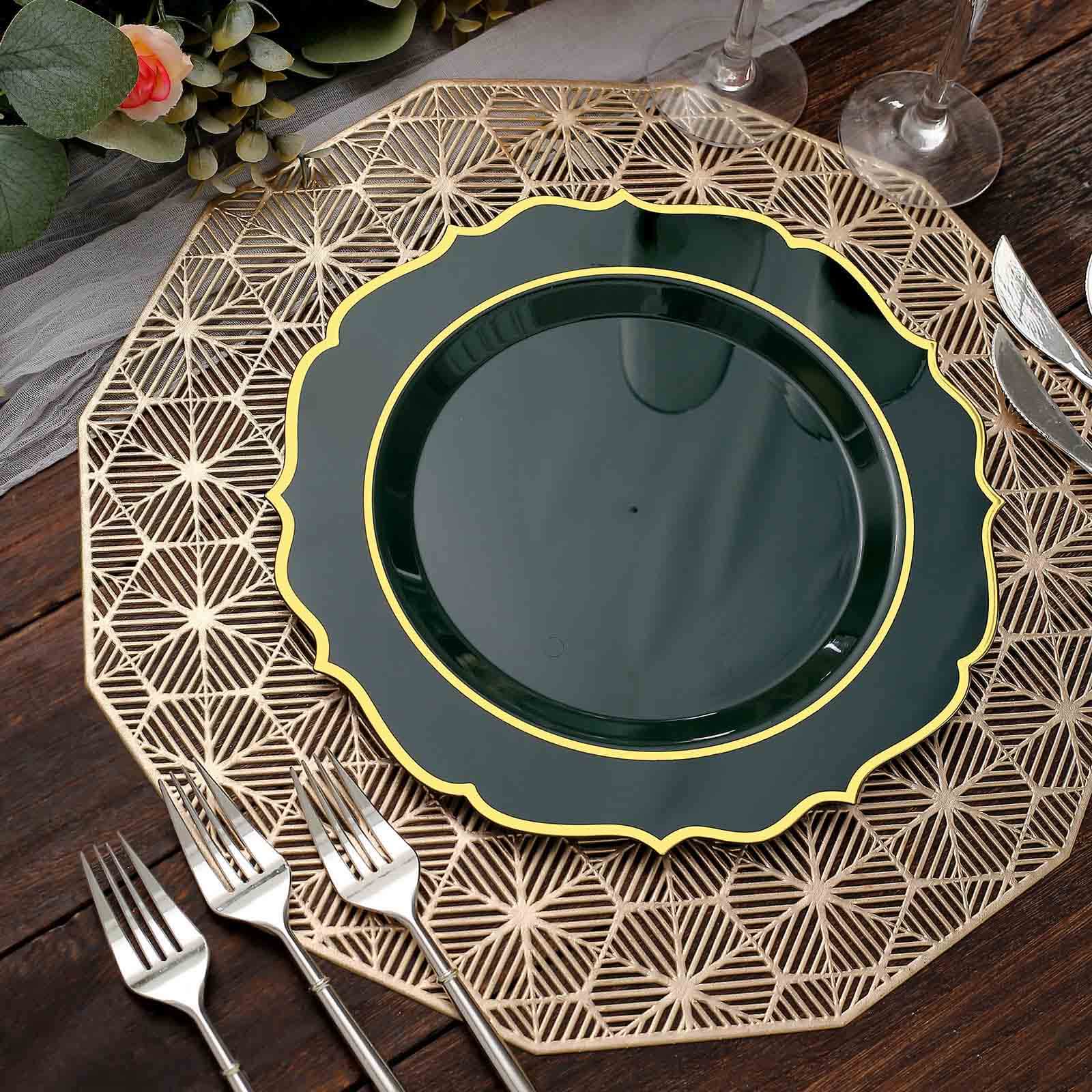 Get This 10-Pack of Disposable Hunter Emerald Green Plastic Round Dinner Plates with Gold Scalloped Rims