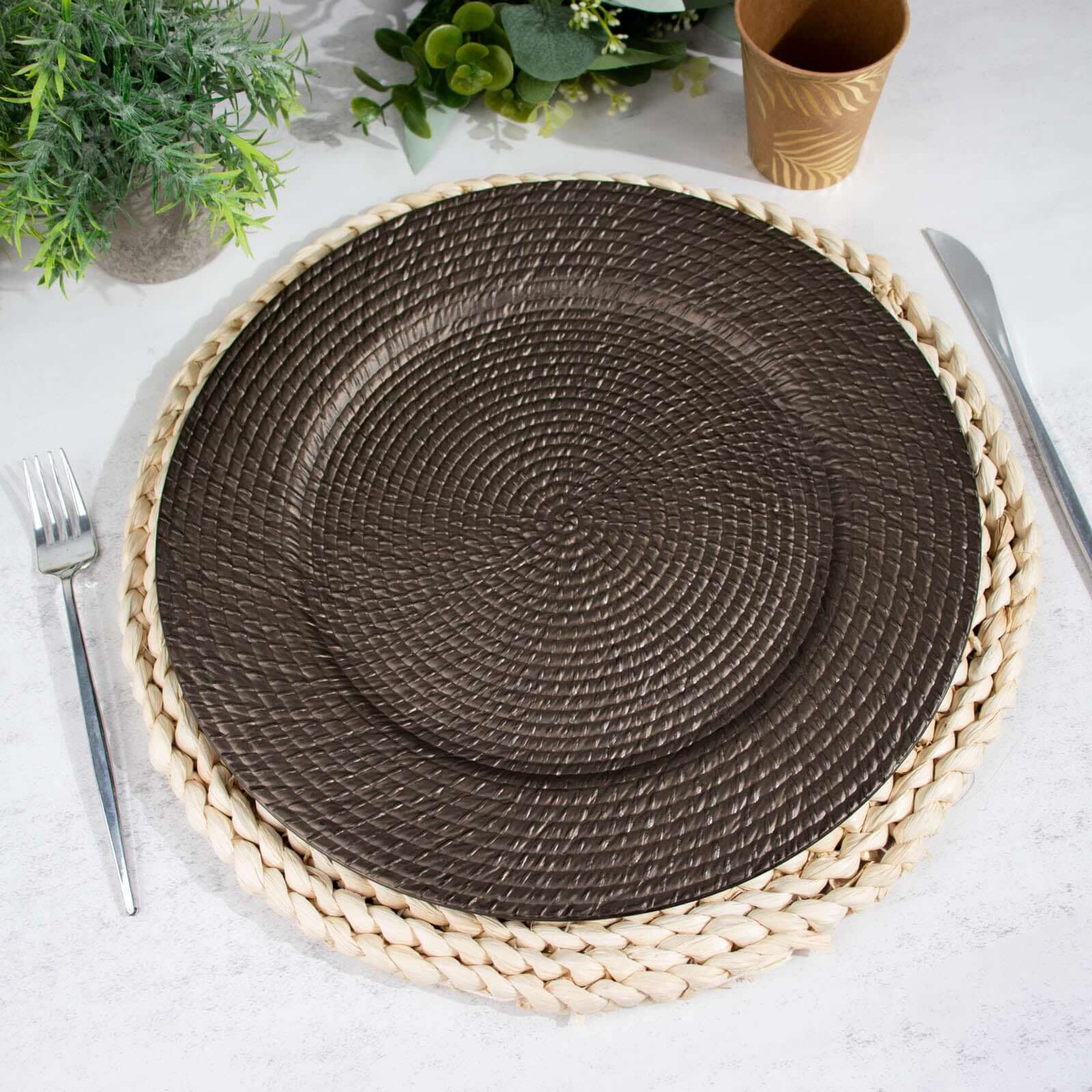 6-Piece Set of 13-Inch Natural Brown Acrylic Charger Plates with Rattan Look, Reusable for Events