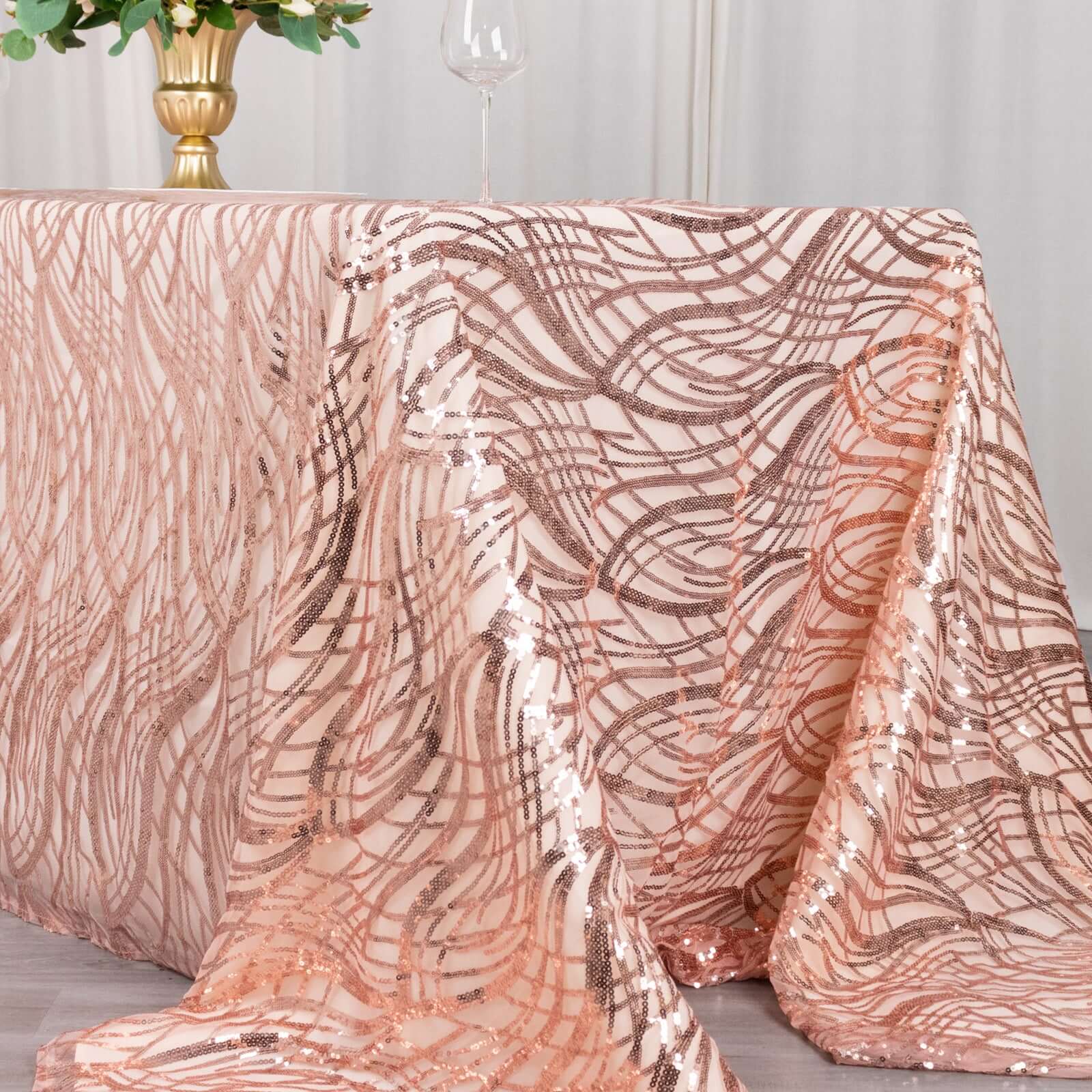Sparkly Rose Gold Sequin Embroidered Mesh Rectangle Tablecloth (90x156) for Special Events