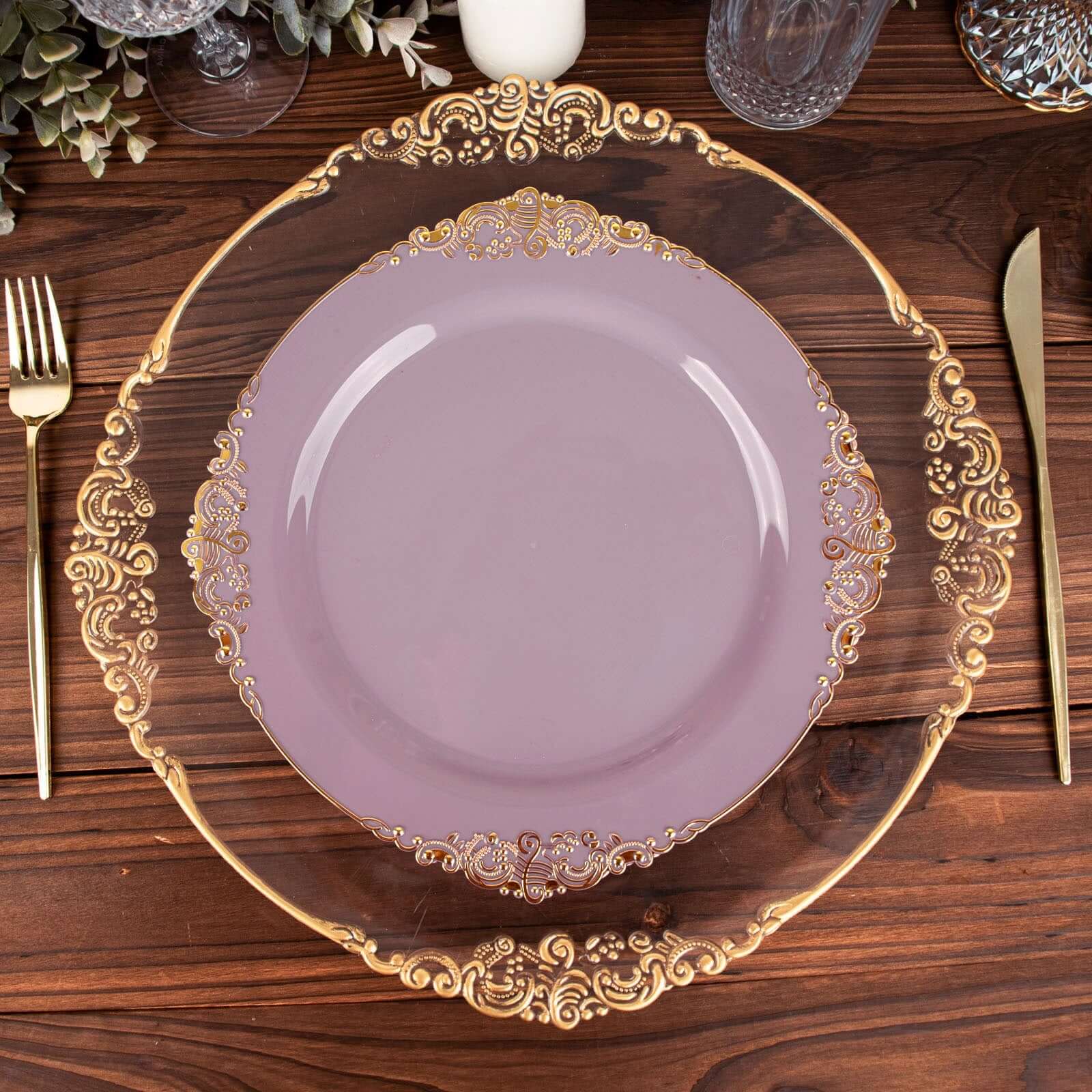 Hot Deal! 10-Pack Disposable Plastic Round Dinner Plates in Lavender Lilac with Gold Leaf Embossed Rim, Vintage Baroque Style