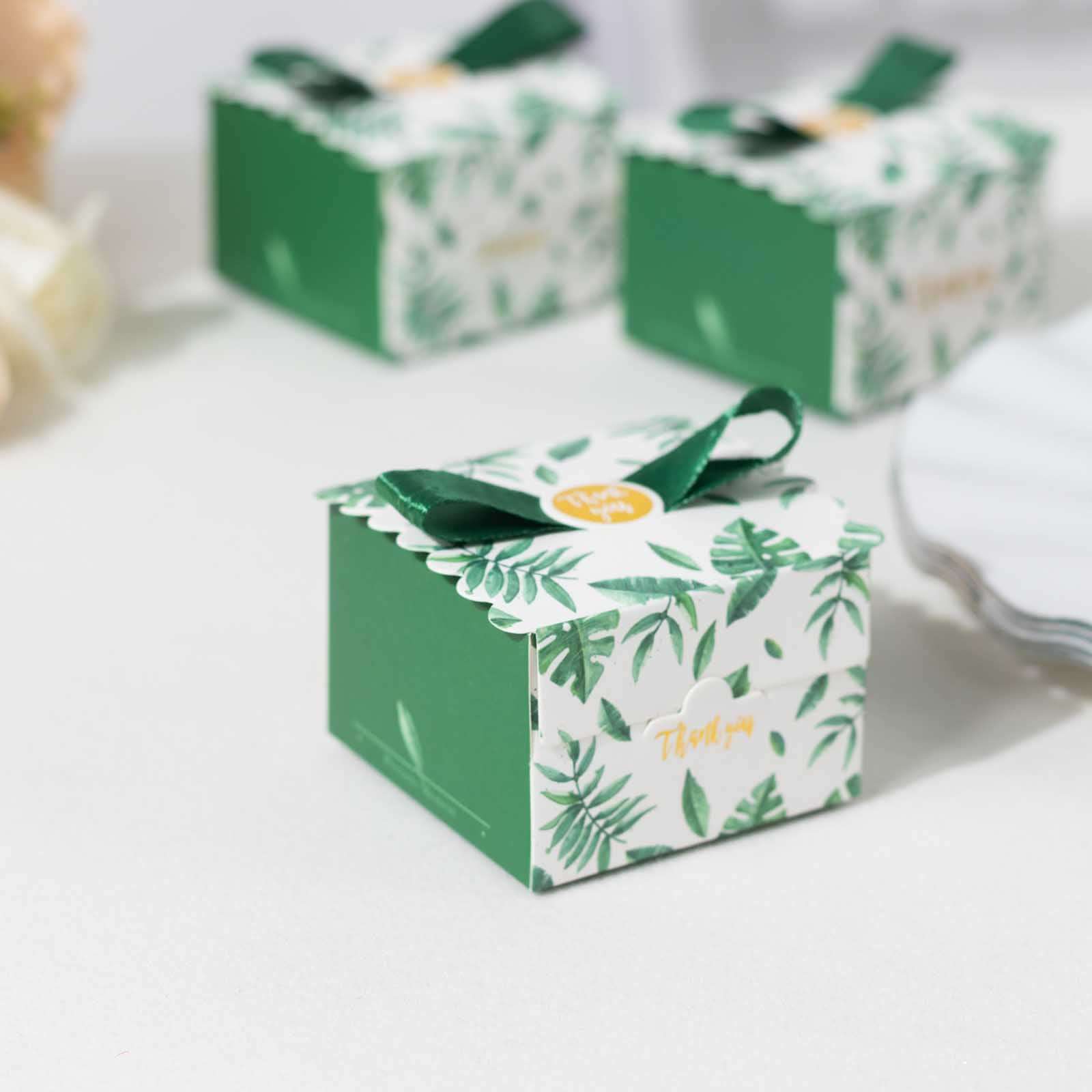 25-Piece Set of Green Monstera Leaf Printed Candy Gift Boxes with Satin Ribbon Bows