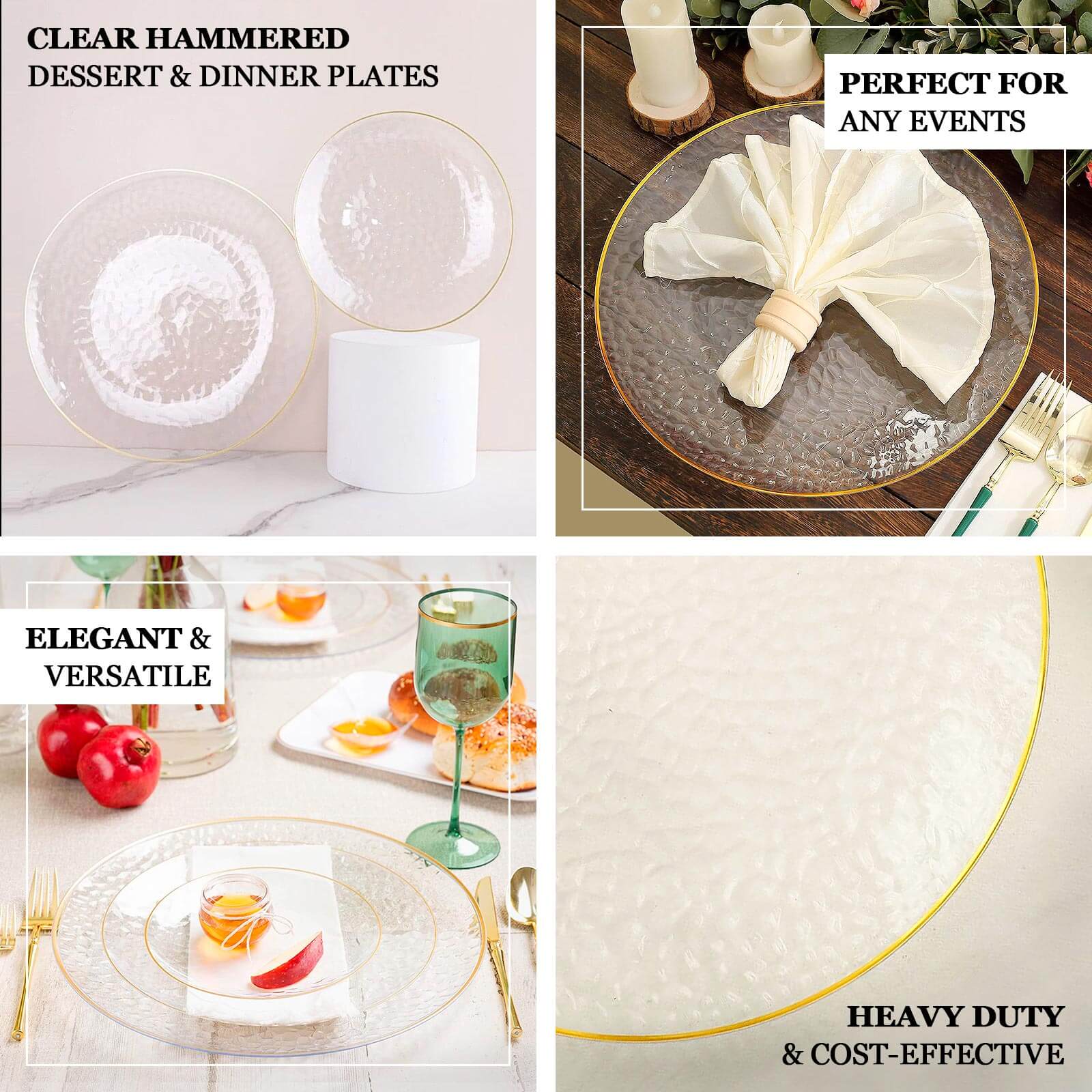10-Pack 9-Inch Transparent Dusty Blue Hammered Plastic Dinner Plates with Gold Rim - Disposable for Parties