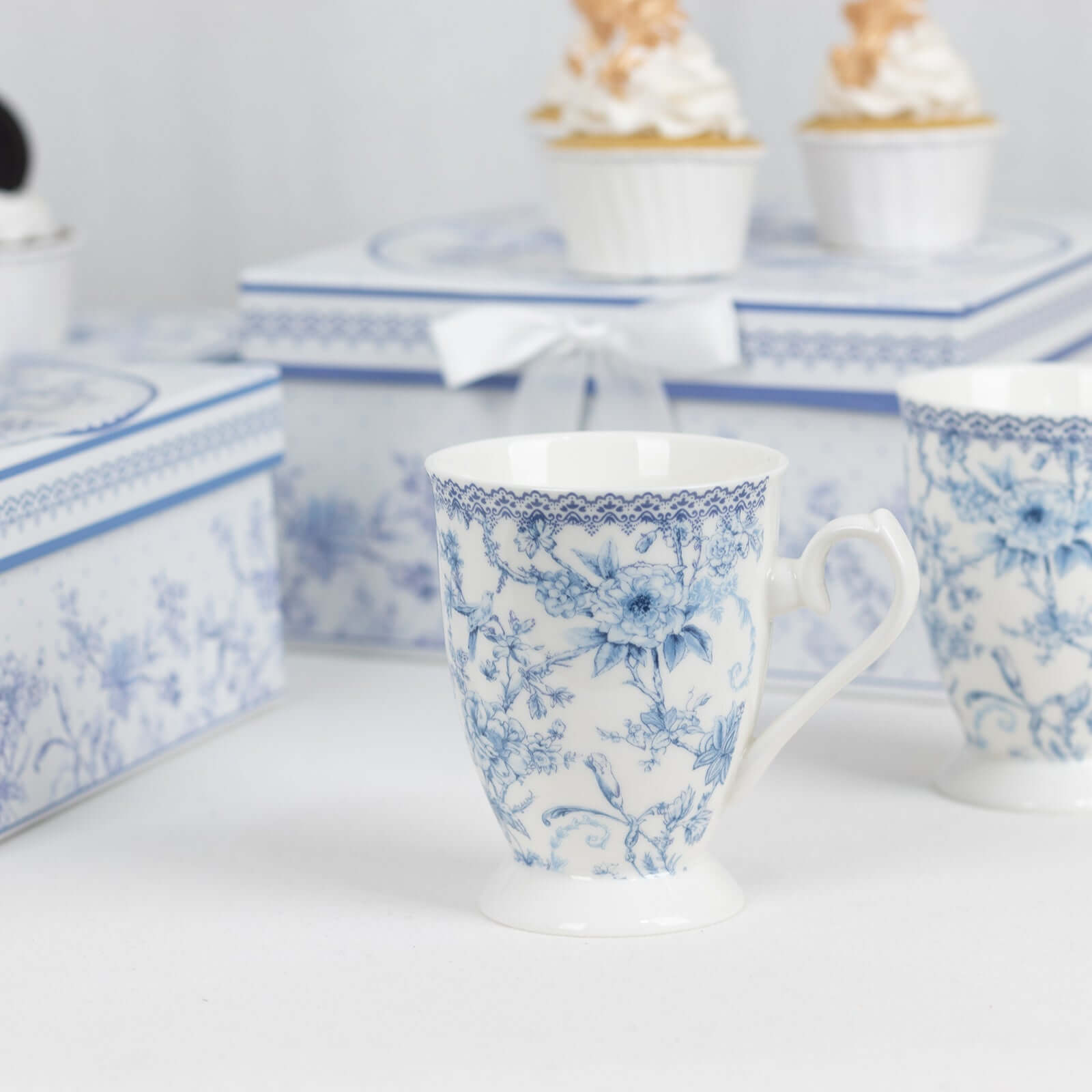 Hot Deal! 2-Pack White & Blue French Toile Porcelain Tea Cups Bridal Shower Gift Set in Keepsake Box