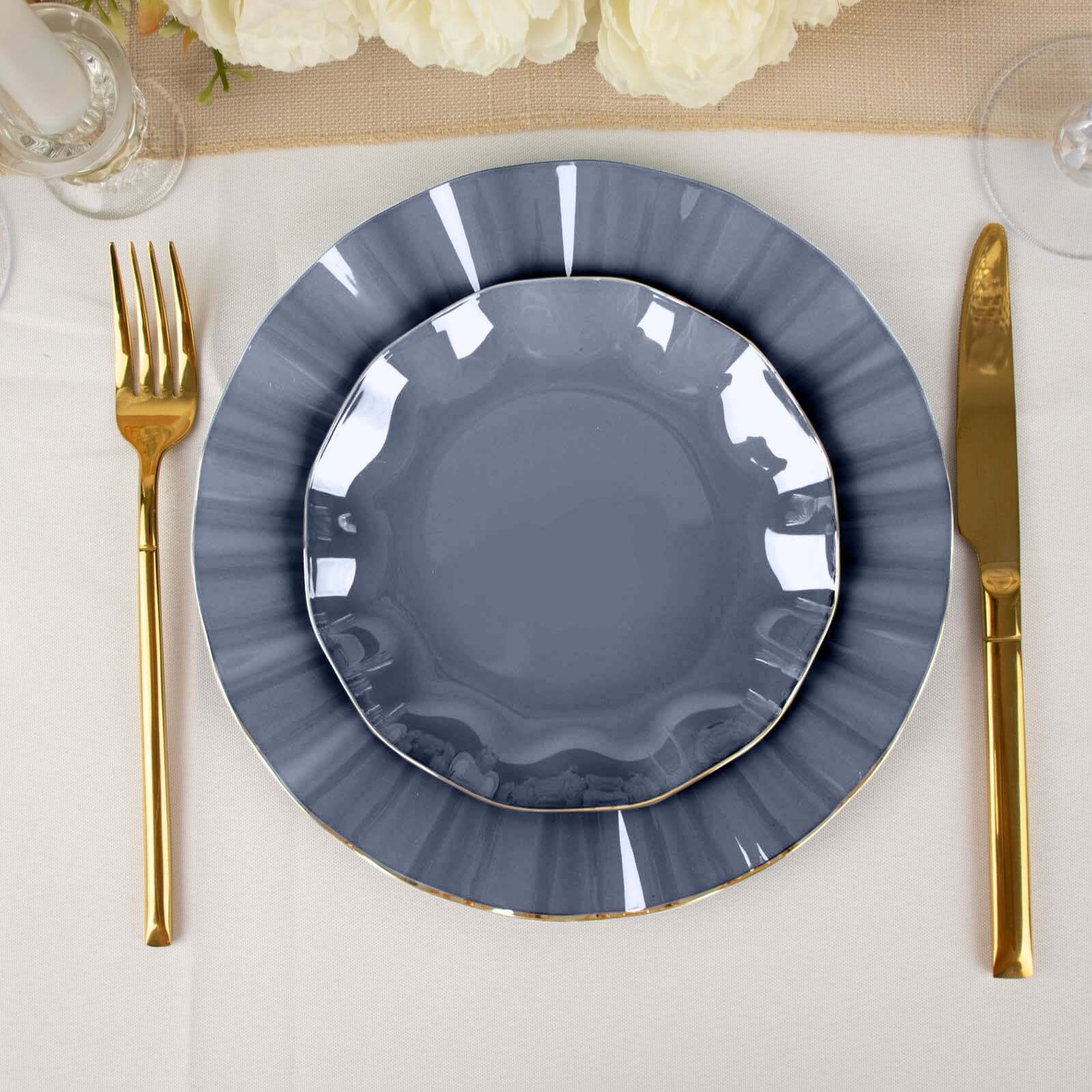 Great Deal! 10-Pack Navy Blue Plastic Round Dessert Plates with Ruffled Rim and Gold Edging