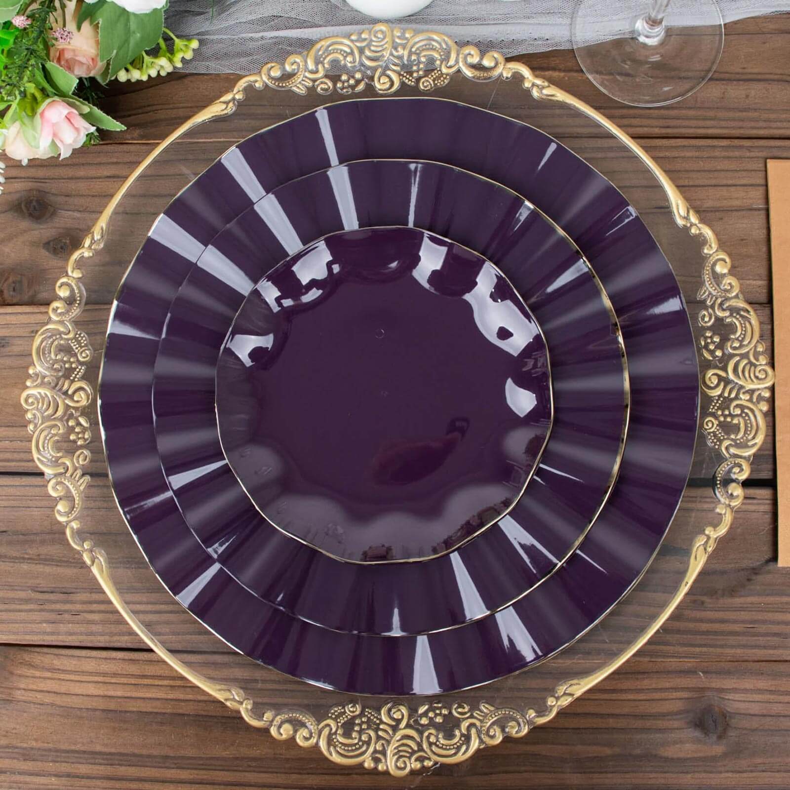 10-Piece Set of Disposable Purple Plastic Dinner Plates with Gold Ruffled Edging - Ideal for Events