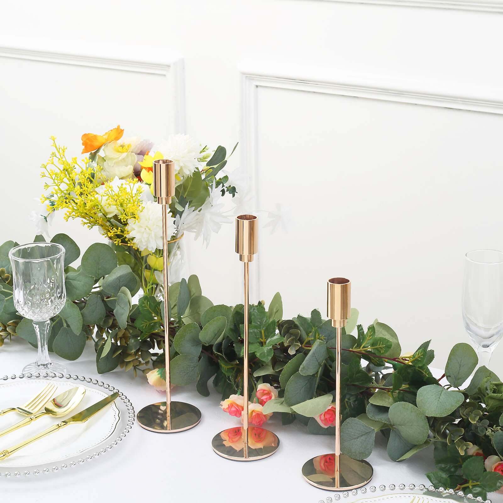 Gold Metal Set of 3 Taper Candle Stands with Round Base - Ideal for Weddings