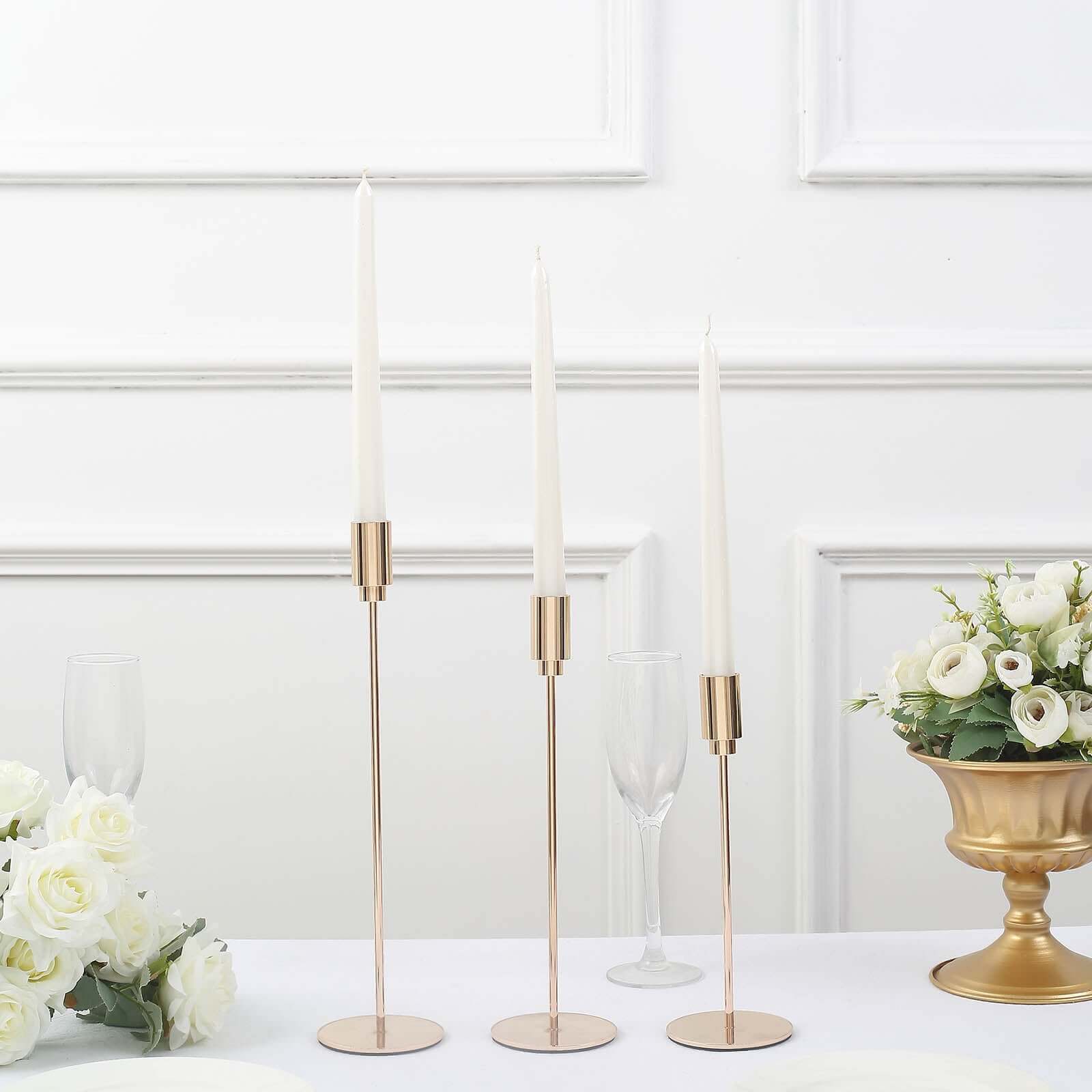 Gold Metal Set of 3 Taper Candle Stands with Round Base - Ideal for Weddings