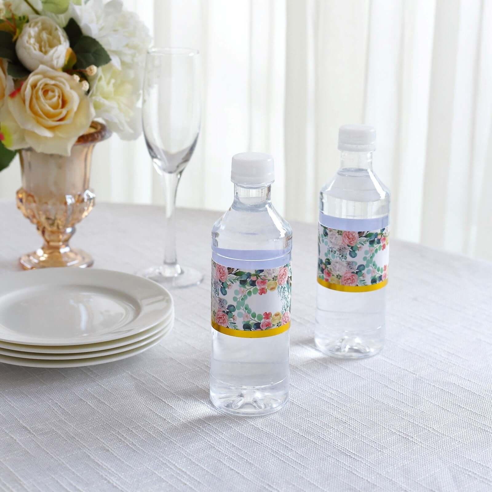 24-Pack Waterproof Water Bottle Labels: Peony Floral Design with Gold Trim in White & Pink