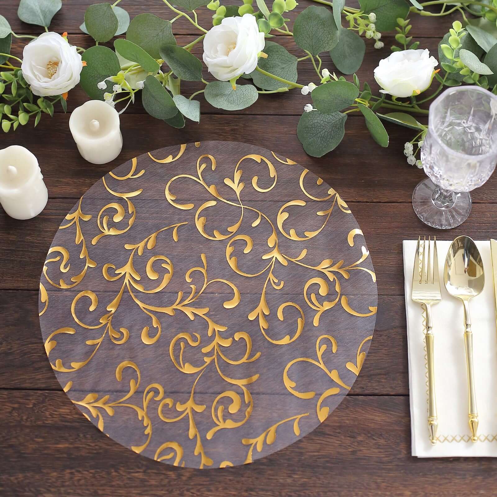 Hot Deal! 10-Pack Metallic Gold Round Organza Disposable Table Placemats with Embossed Foil Flower Design