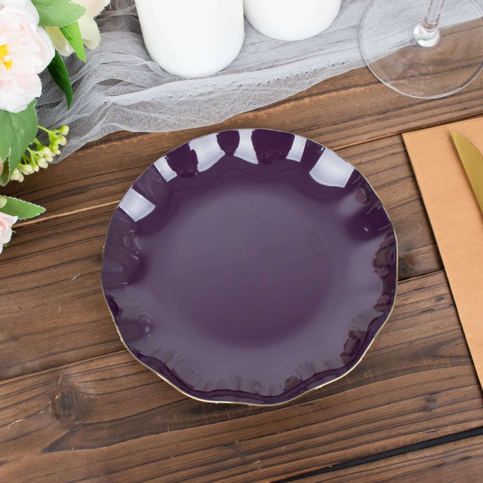 10-Pack Purple Plastic Round Dessert Plates with Gold Edging - Sturdy Disposable Dinnerware