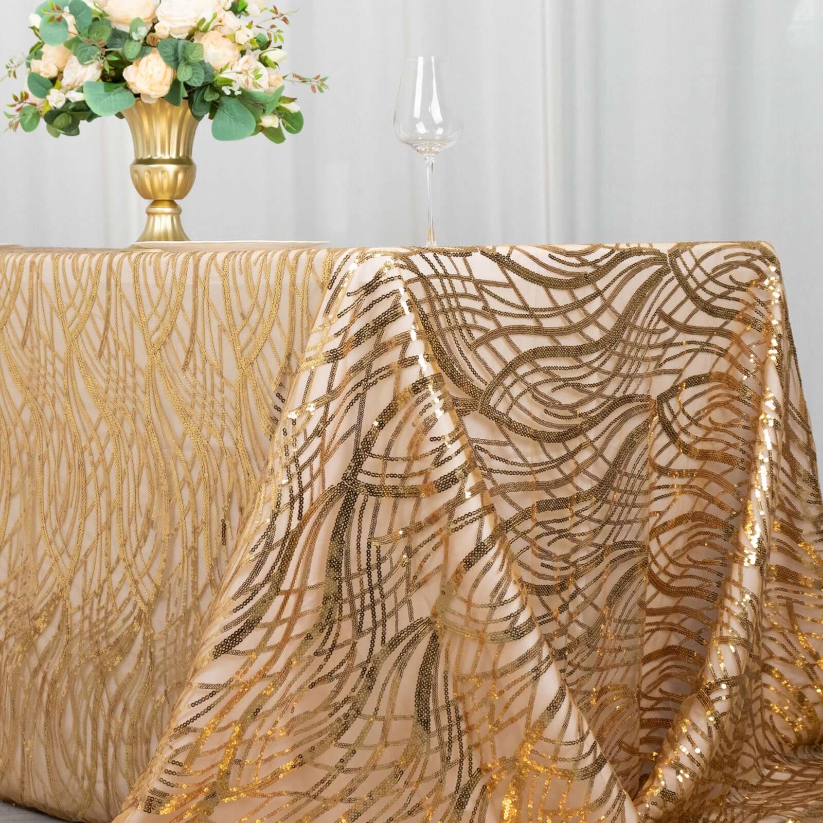 Exclusive Gold Mesh Rectangle Tablecloth with Wave Sequin Embroidered Design for Elegant Occasions