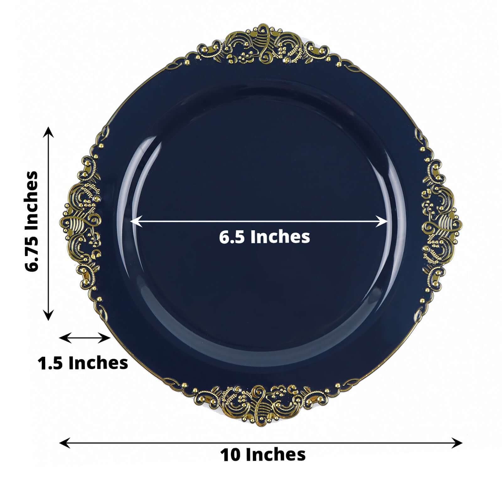 10-Pack Disposable Navy Blue Plastic Dinner Plates with Gold Leaf Embossed Rim - Vintage Baroque Style