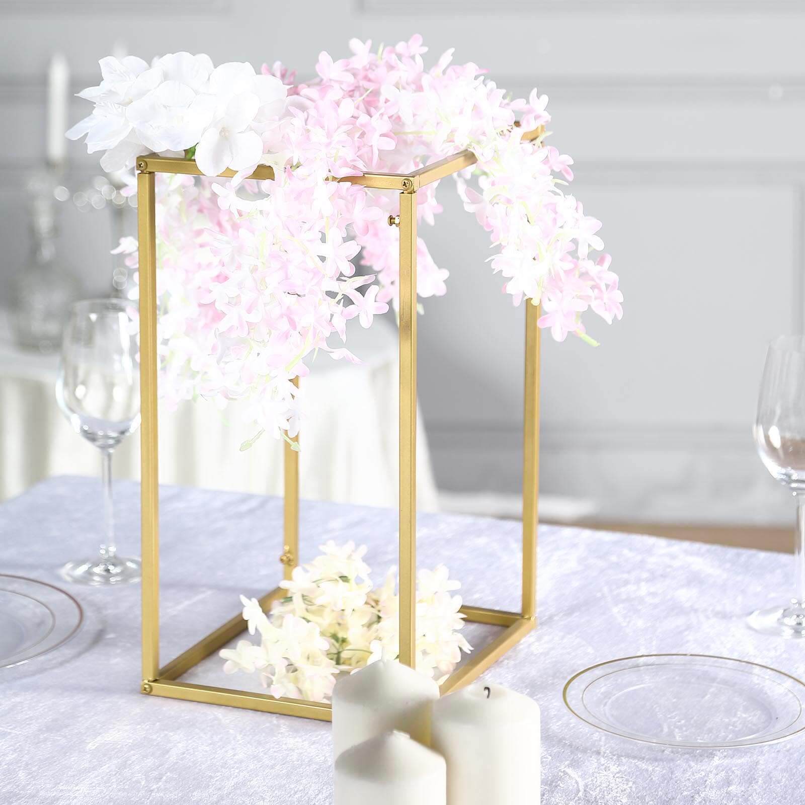 2-Pack Matte Gold Metal Rectangular Geometric Column Flower Stand for Elegant Floral Arrangements