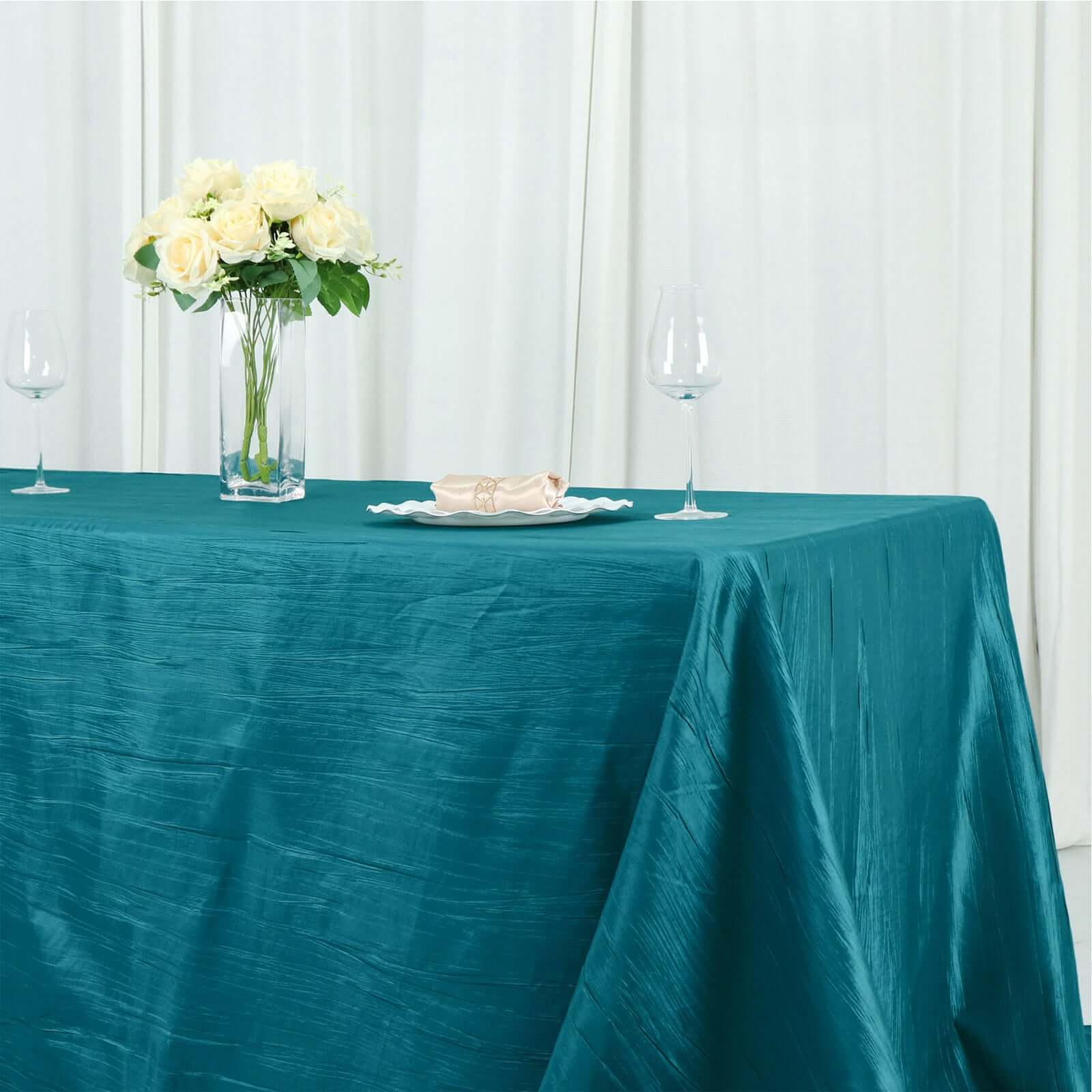 Teal Crinkle Taffeta 90x156 Rectangle Tablecloth - Seamless, Exquisite Cover
