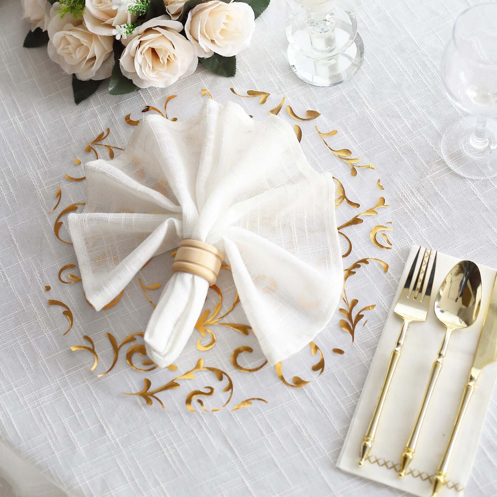 Hot Deal! 10-Pack Metallic Gold Round Organza Disposable Table Placemats with Embossed Foil Flower Design