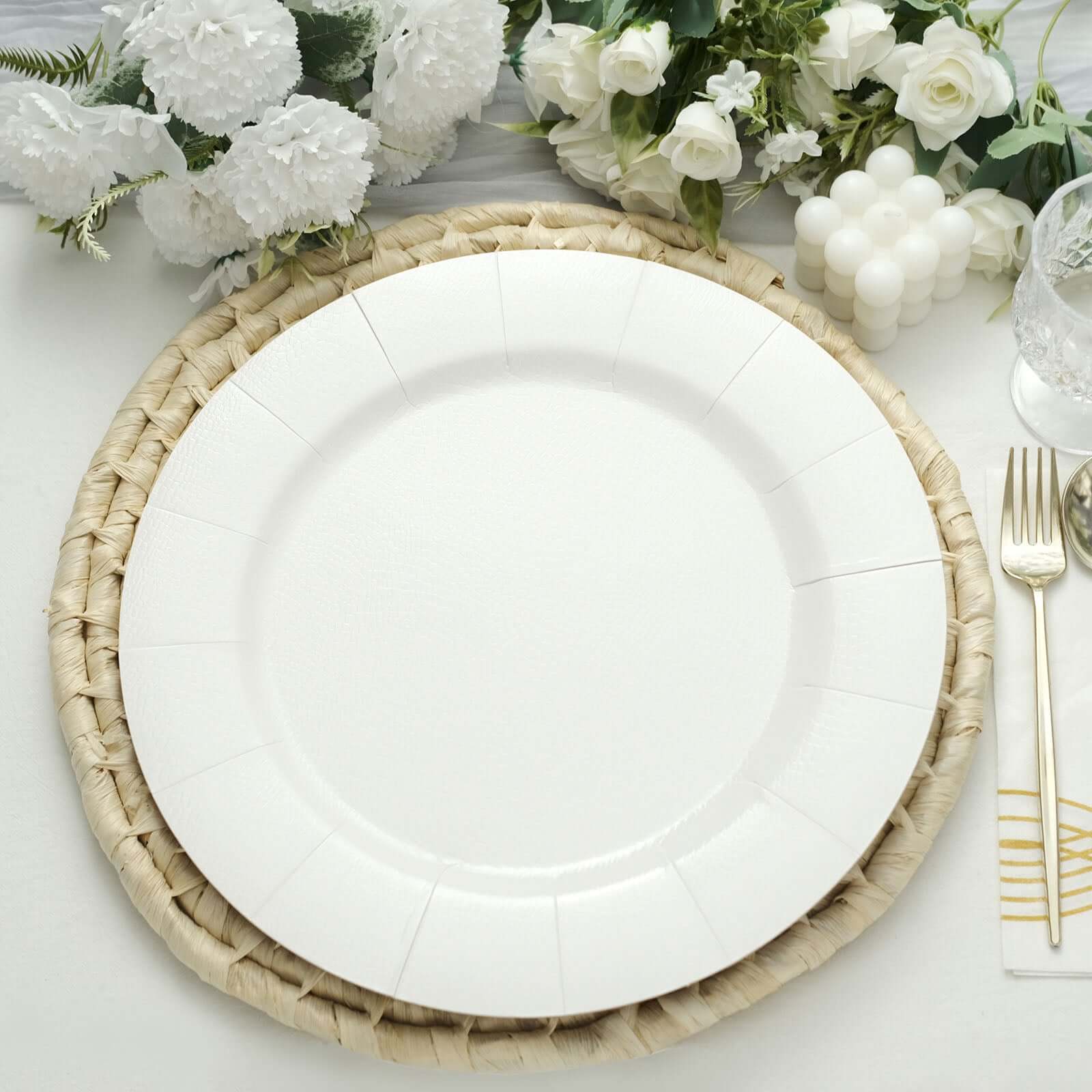 10-Pack White Disposable Round Charger Plates with Leathery Texture - Ideal for Parties