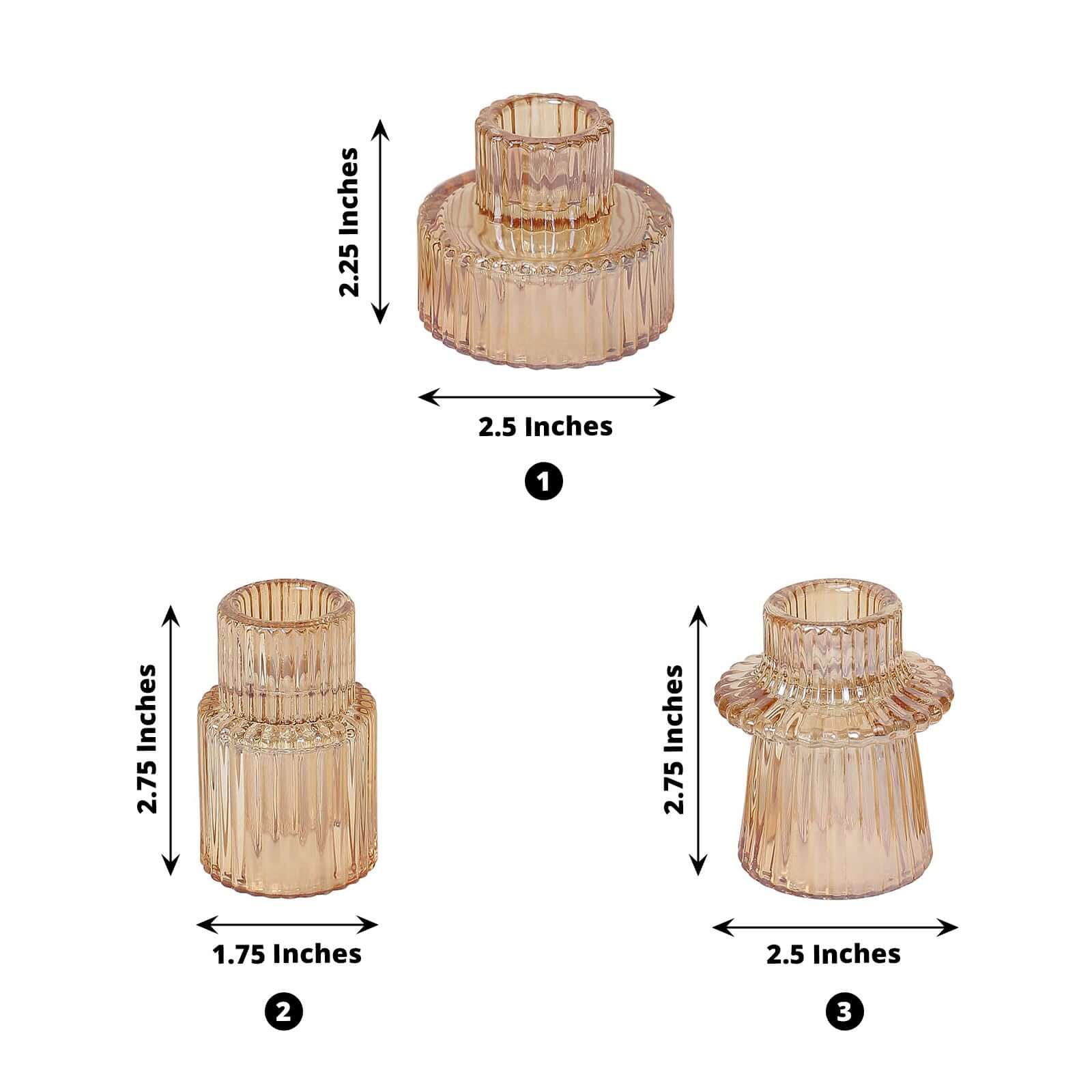 Hot Sale! Set of 6 Amber Gold Glass Taper Candle Holders with Ribbed Crystal Design