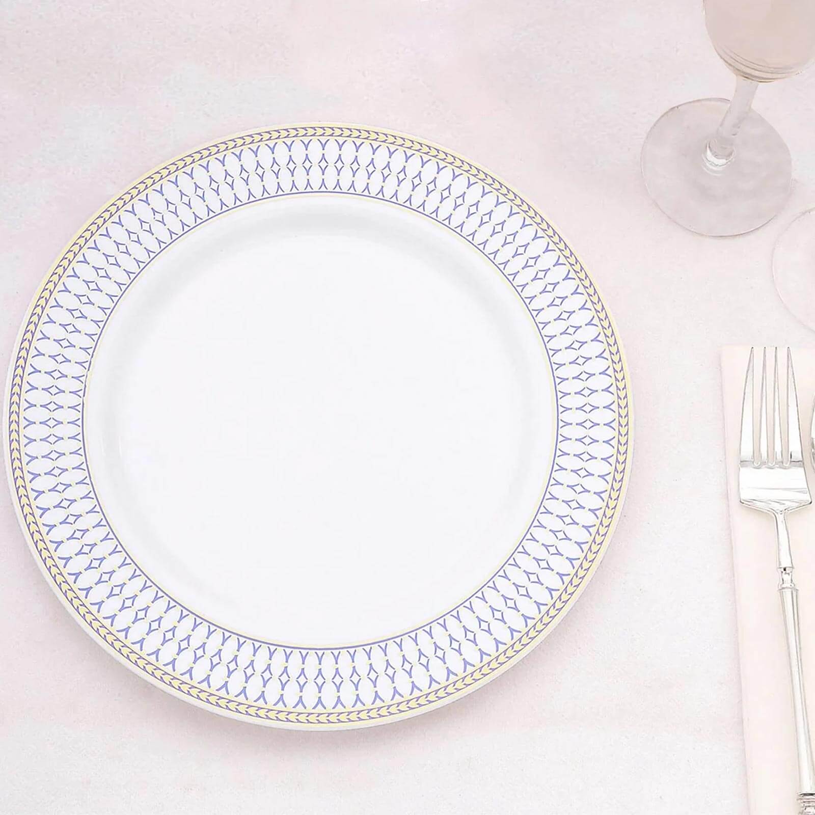 10-Pack White Disposable Dinner Plates with Gold and Navy Blue Chord Rim - Renaissance Style for Events