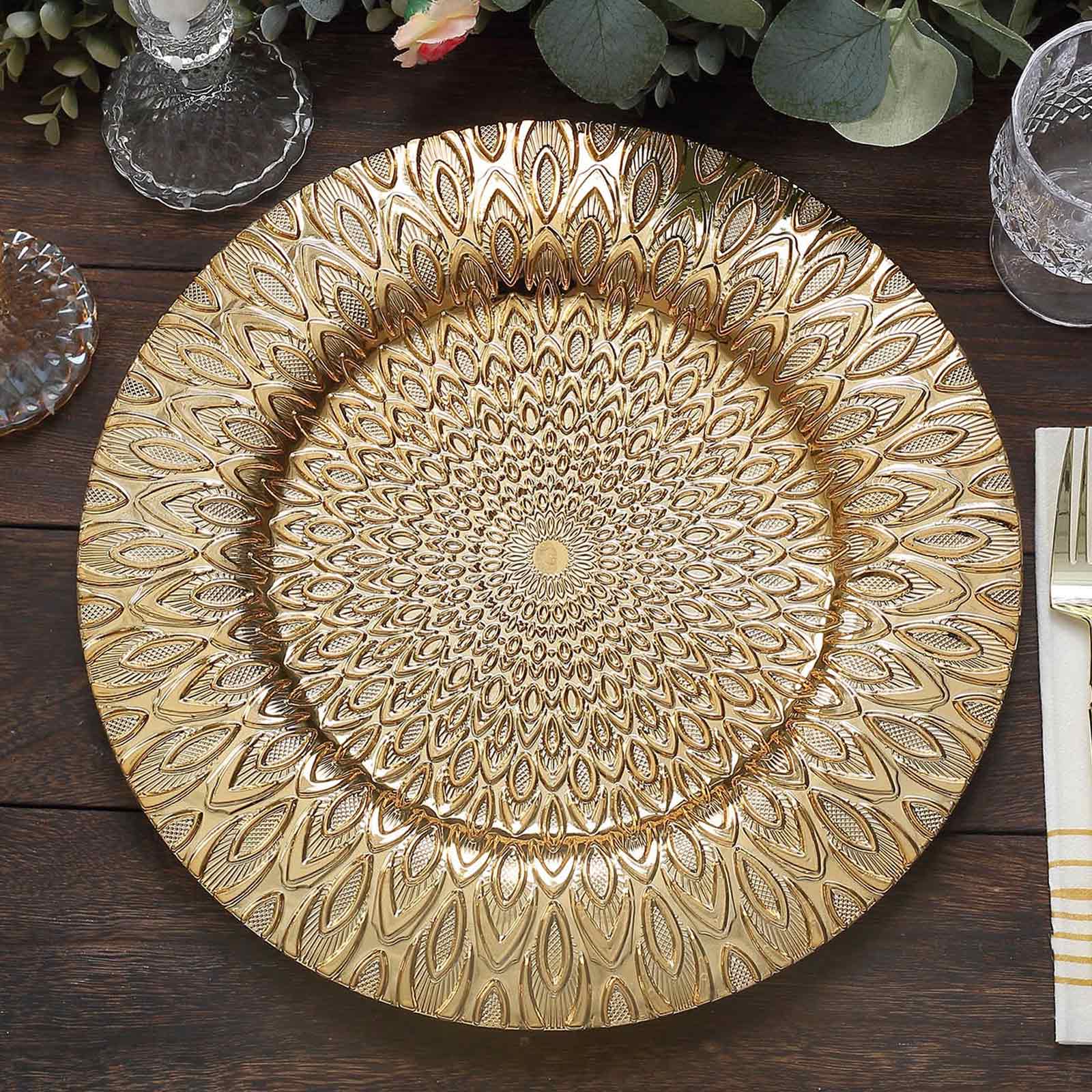 Hot Sale! 6-Piece Set of 13-Inch Gold Plastic Charger Plates with Embossed Peacock Design