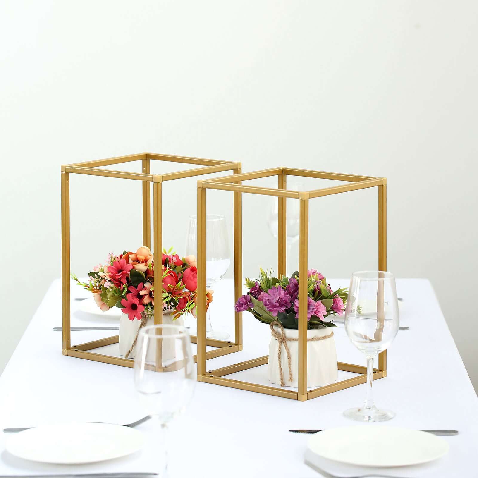 2-Pack Gold Metal Rectangular Geometric Column Frame Wedding Flower Stand - Ideal for Elegant Arrangements