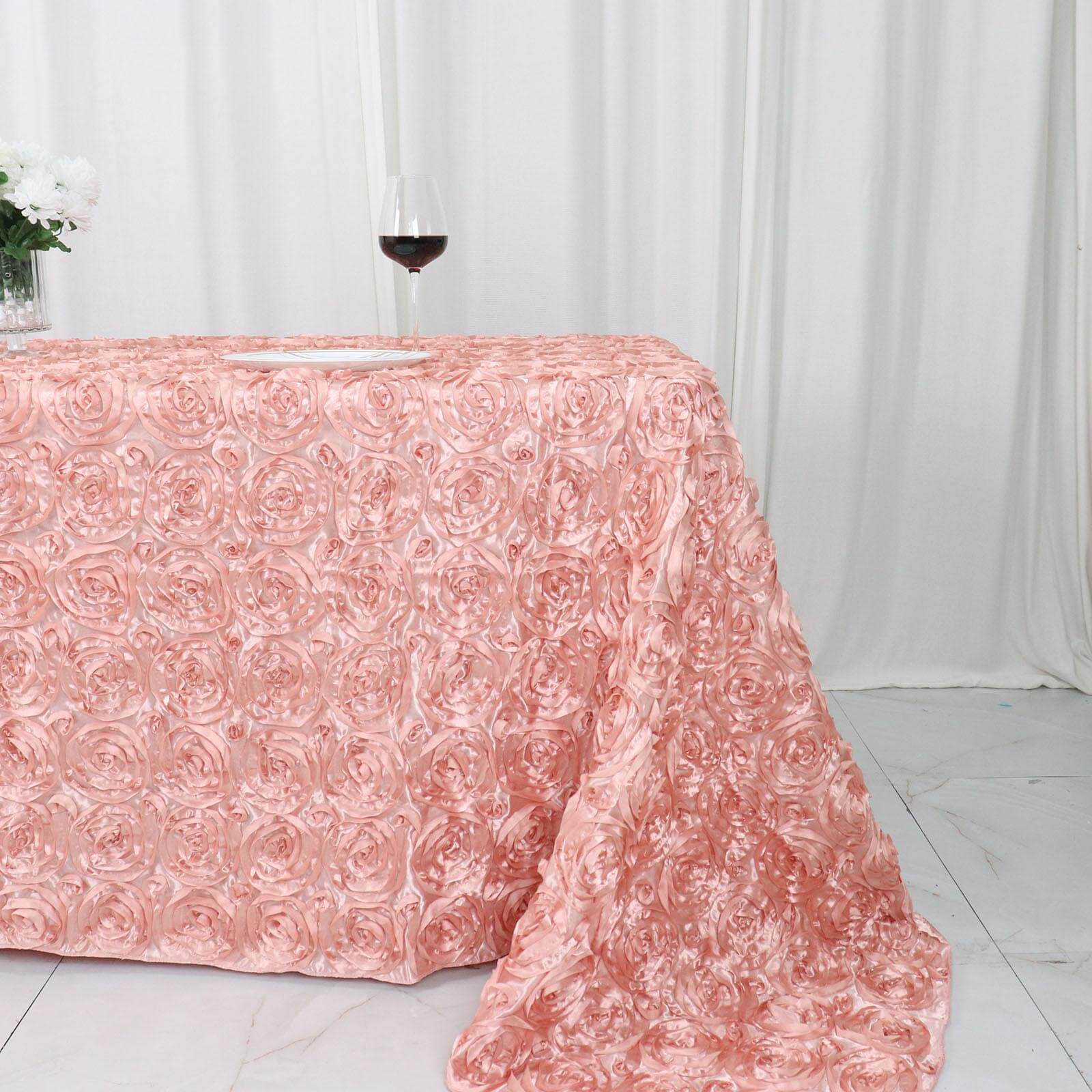 Luxurious Dusty Rose Satin 90x132 Rectangle Tablecloth with 3D Rosette Design