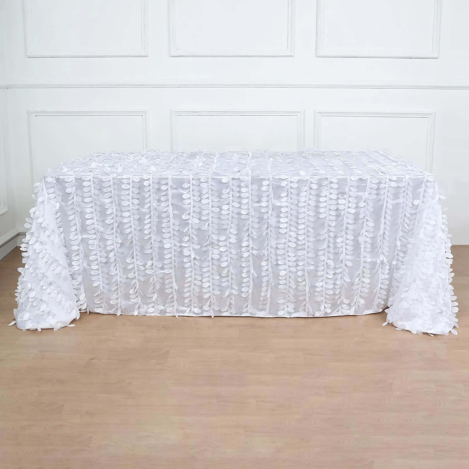White Taffeta Rectangle Tablecloth 90x132 | 3D Leaf Petal Design for Elegant Weddings & Events
