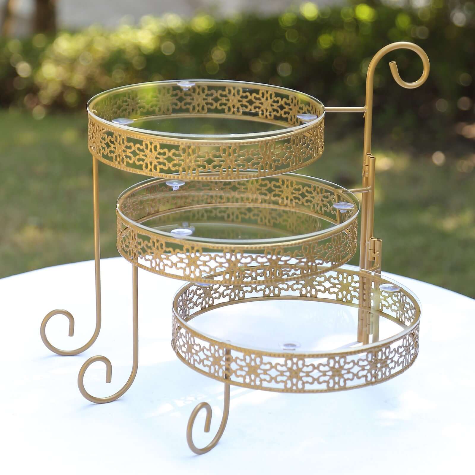 3-Tier Gold Metal Rotating Cupcake Stand with Clear Acrylic Plates - Hollow Lace Design