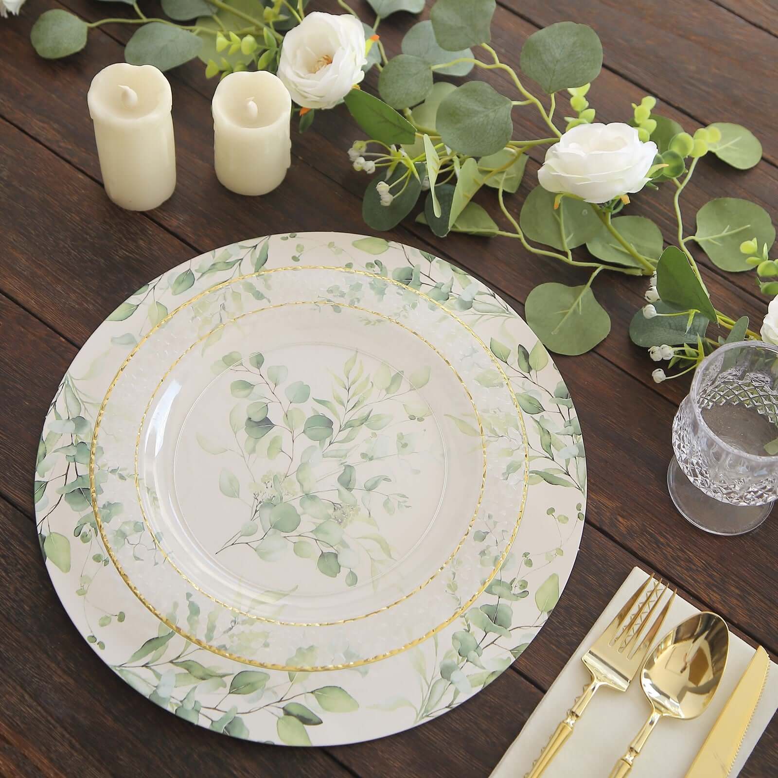 Hot Deal! 6-Pack 13-Inch Disposable Charger Plates with Eucalyptus Leaves Print, 700GSM Floral Paper Chargers