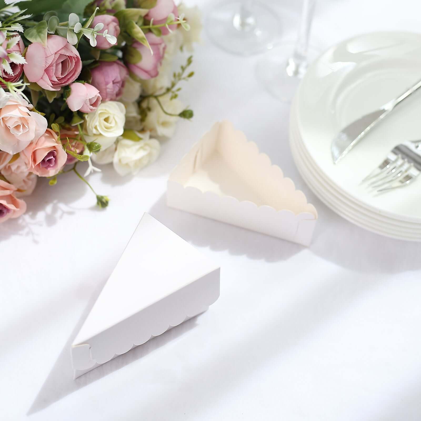 10-Pack White Cardstock Cake Slice Boxes with Scalloped Top - Ideal Decorative Dessert Containers for Party Favors