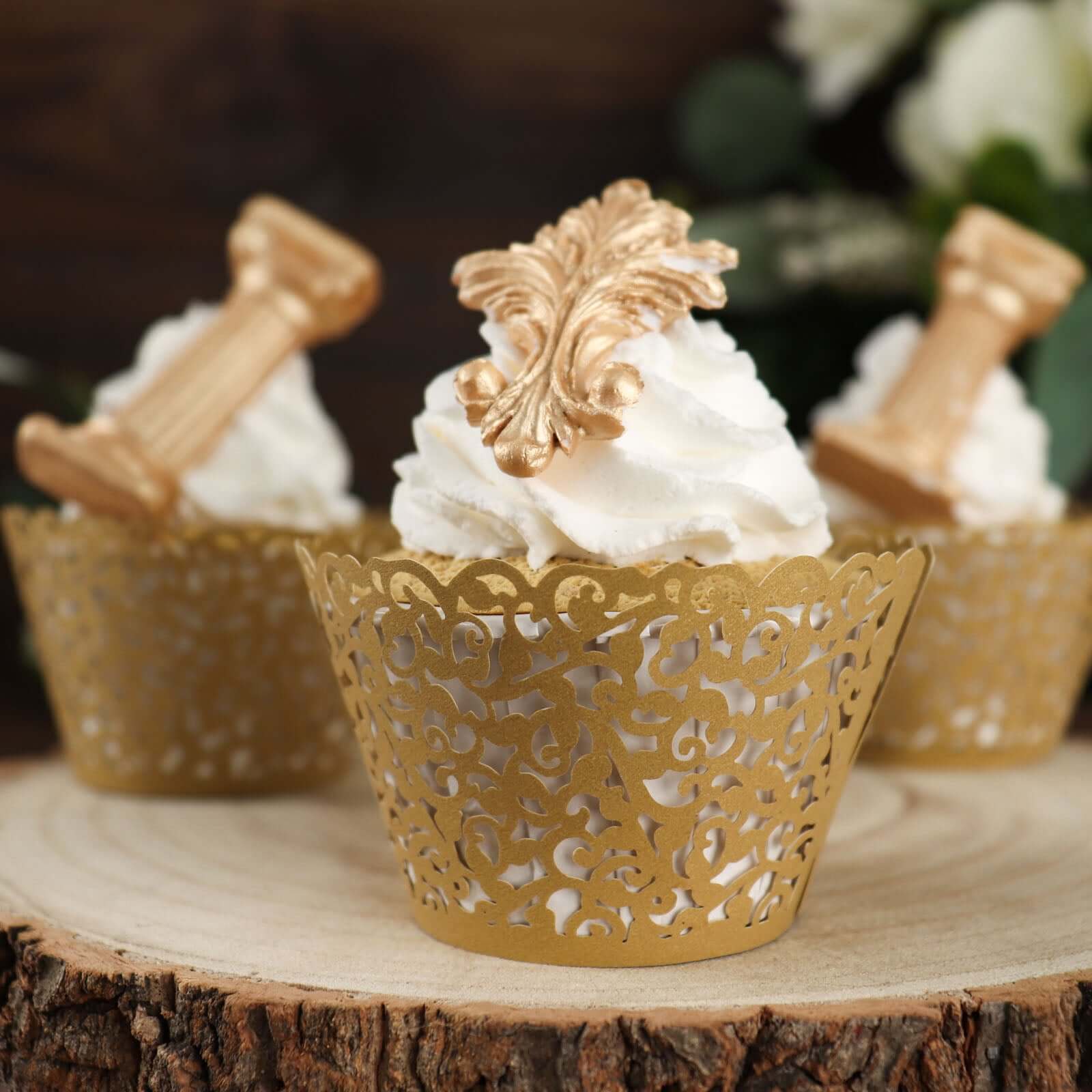 25-Piece Gold Lace Laser-Cut Paper Cupcake Wrappers for Event Baking
