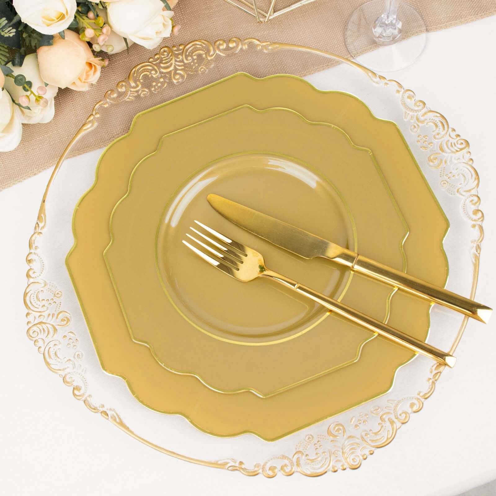 Get 10-Pack Heavy Duty Disposable Gold Baroque Dinner Plates with Scalloped Rim for Events