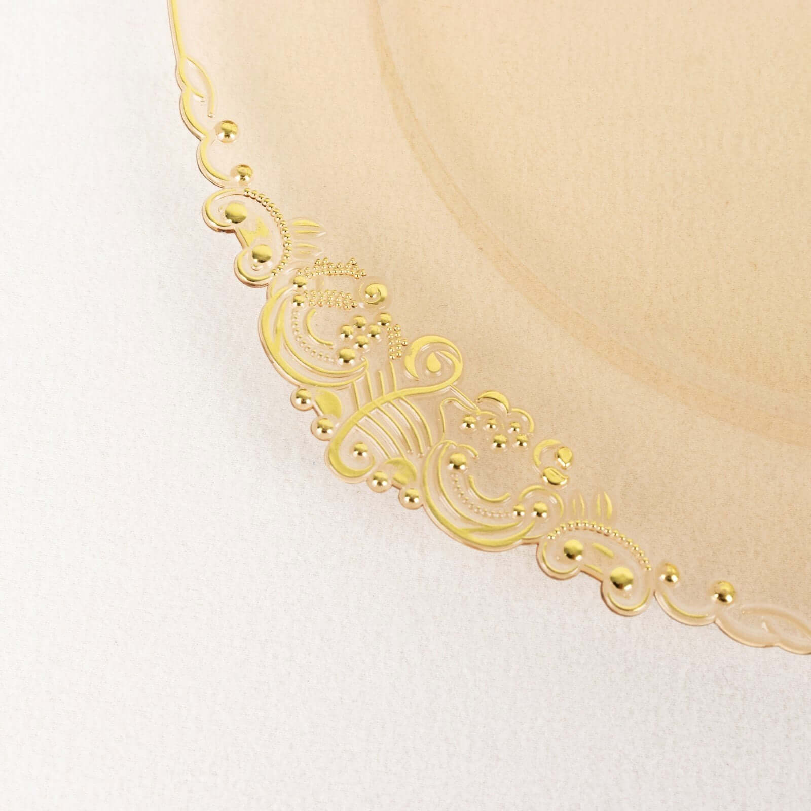 10-Pack Disposable Plastic Round Dinner Plates in Transparent Amber Gold with Gold Leaf Rim