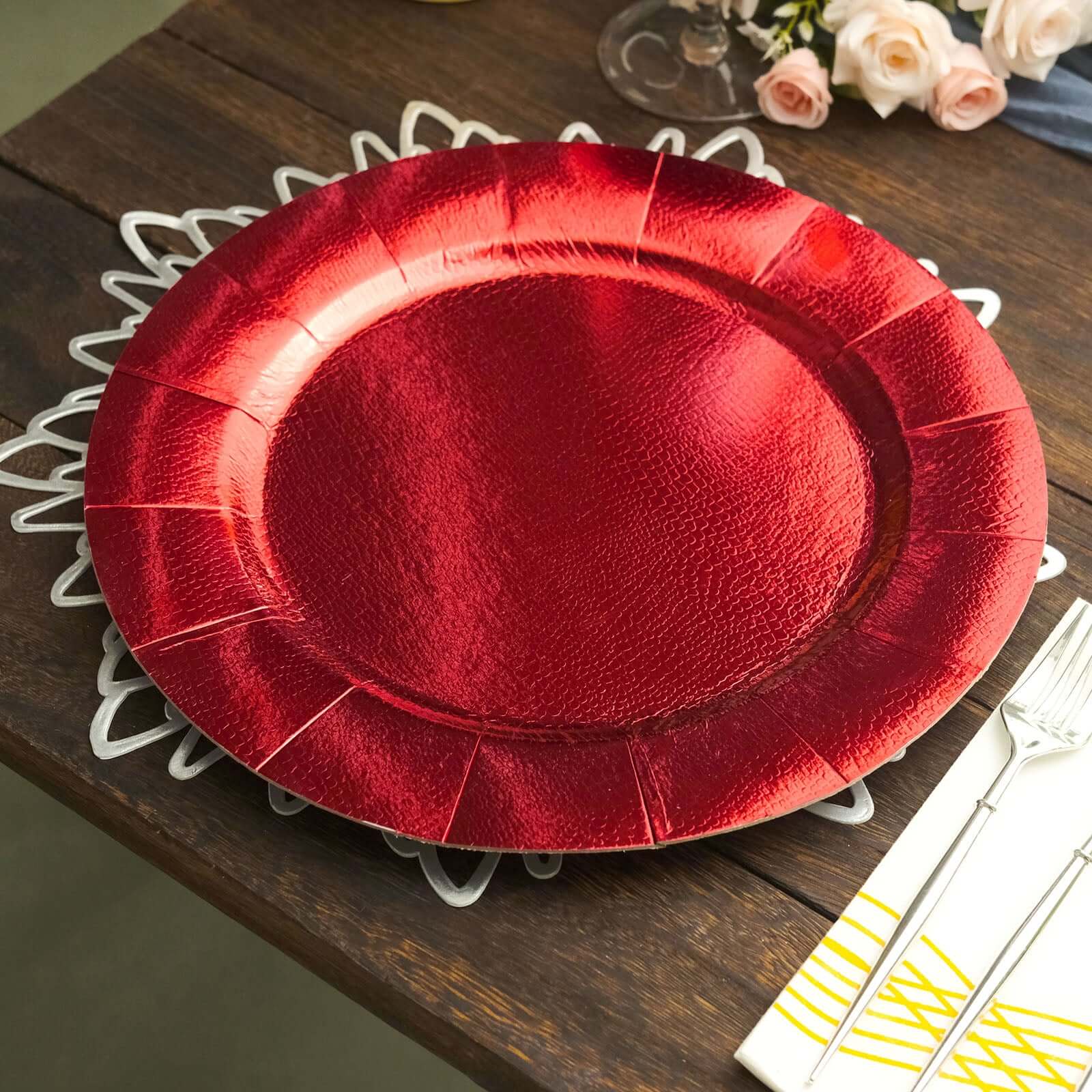 10-Pack Red Disposable Round Charger Plates with Leathery Texture - 1100GSM Durable Cardboard