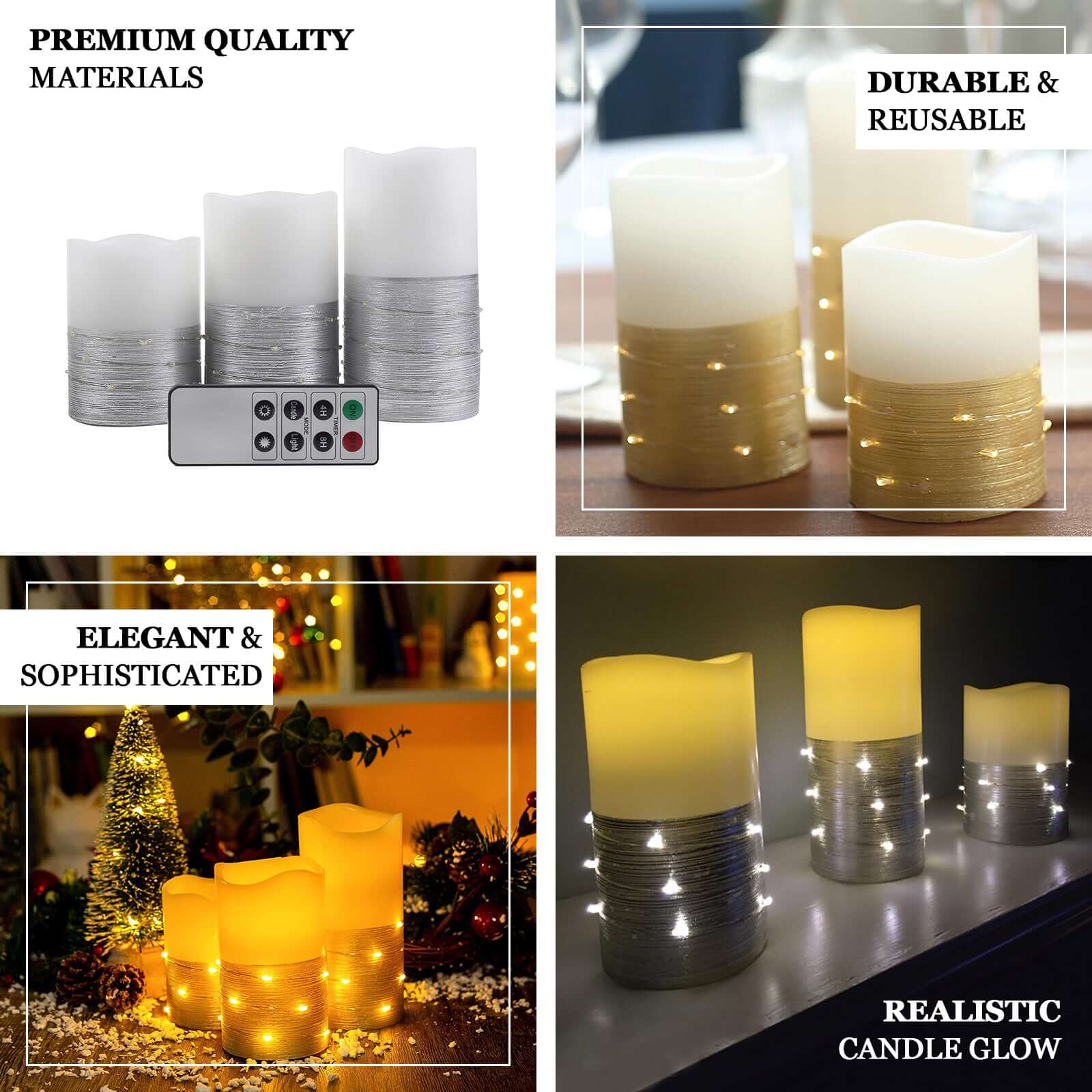 Remote-Controlled Set of 3 Gold LED Flameless Pillar Candles with Fairy String Lights (4', 5', 6')