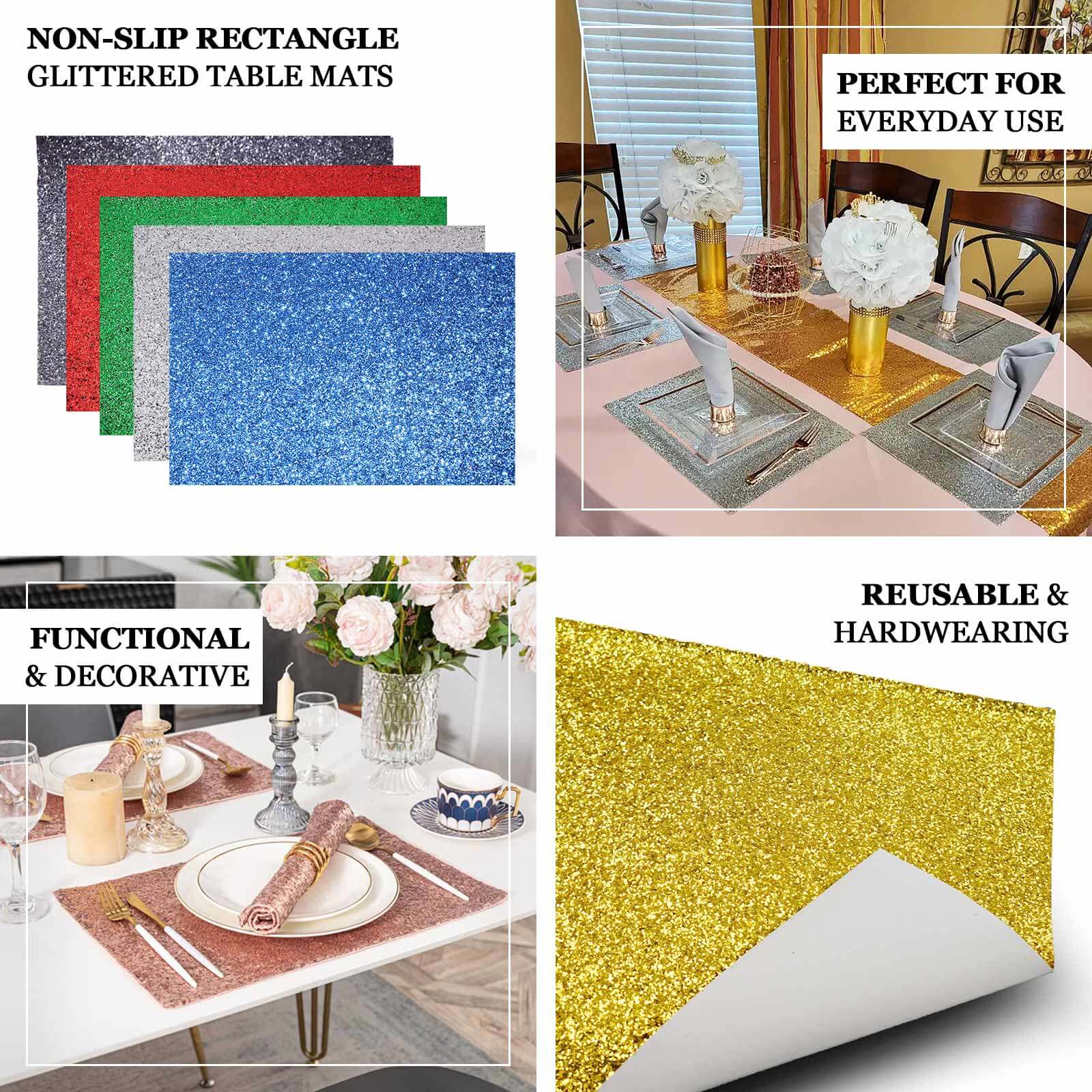 6-Pack Champagne Glitter Rectangle Placemats - Non-Slip & Heat-Resistant