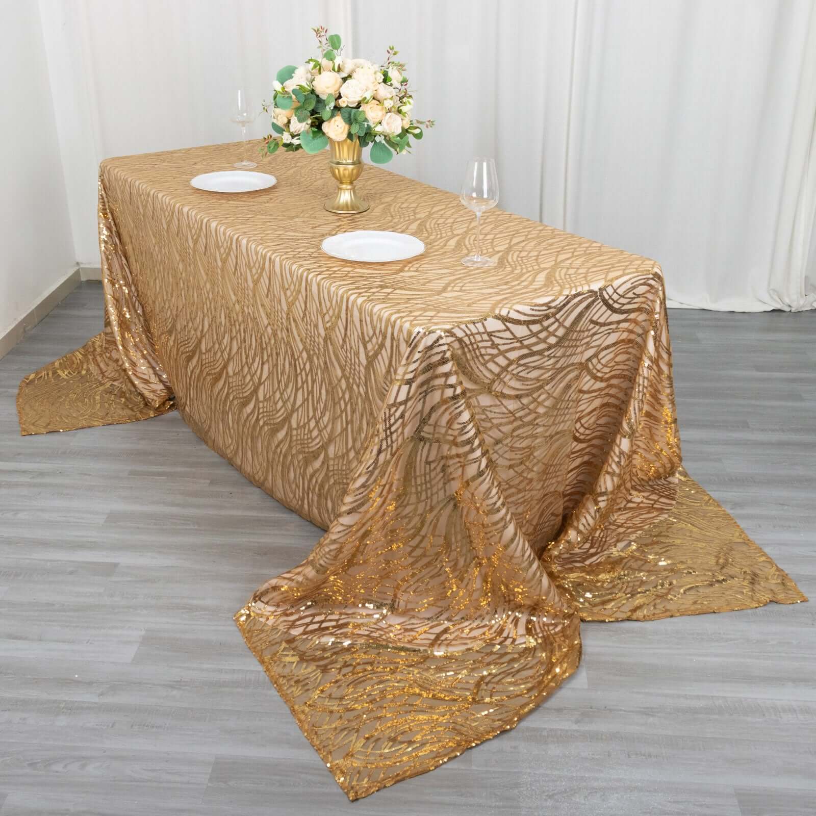 Exclusive Gold Mesh Rectangle Tablecloth with Wave Sequin Embroidered Design for Elegant Occasions