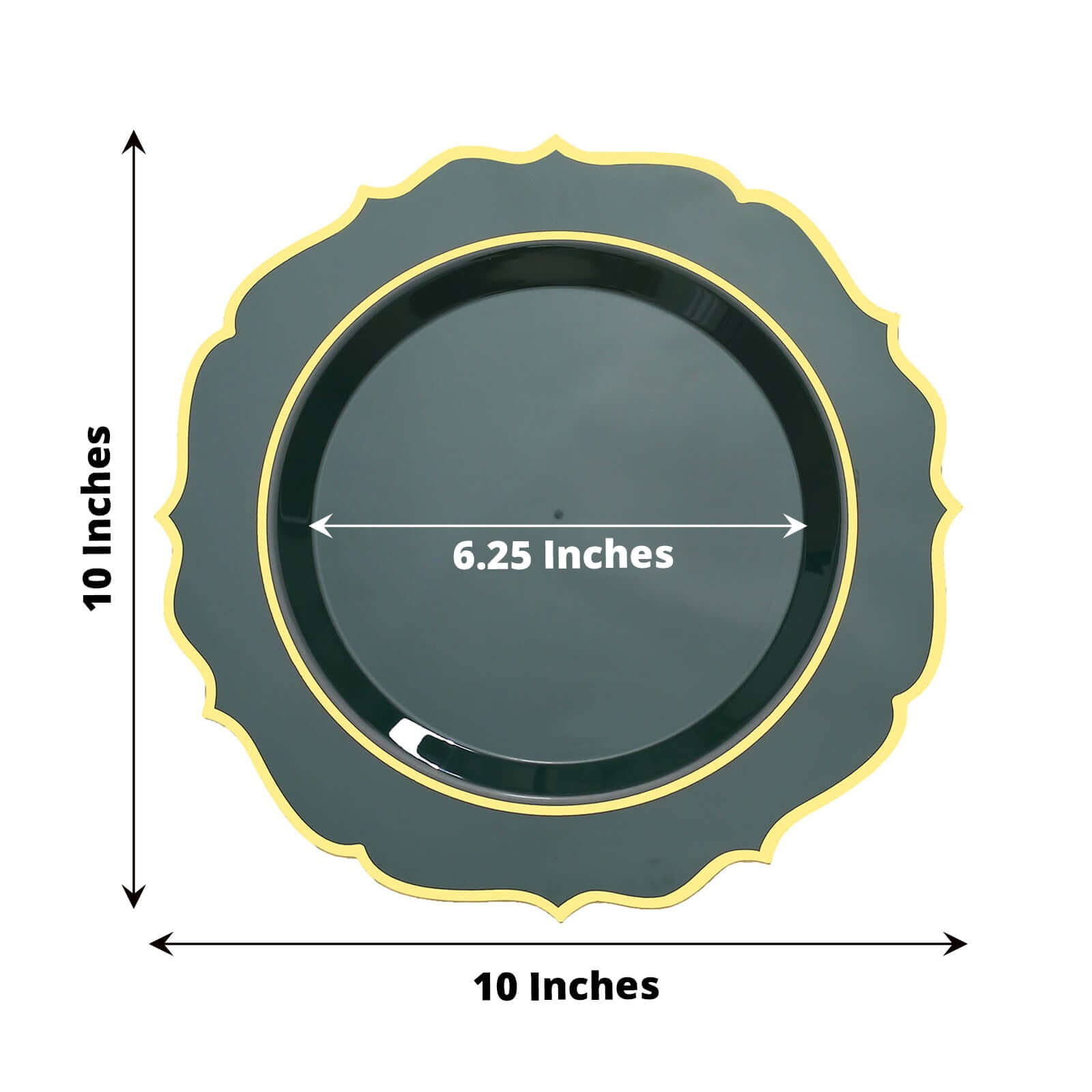 Get This 10-Pack of Disposable Hunter Emerald Green Plastic Round Dinner Plates with Gold Scalloped Rims