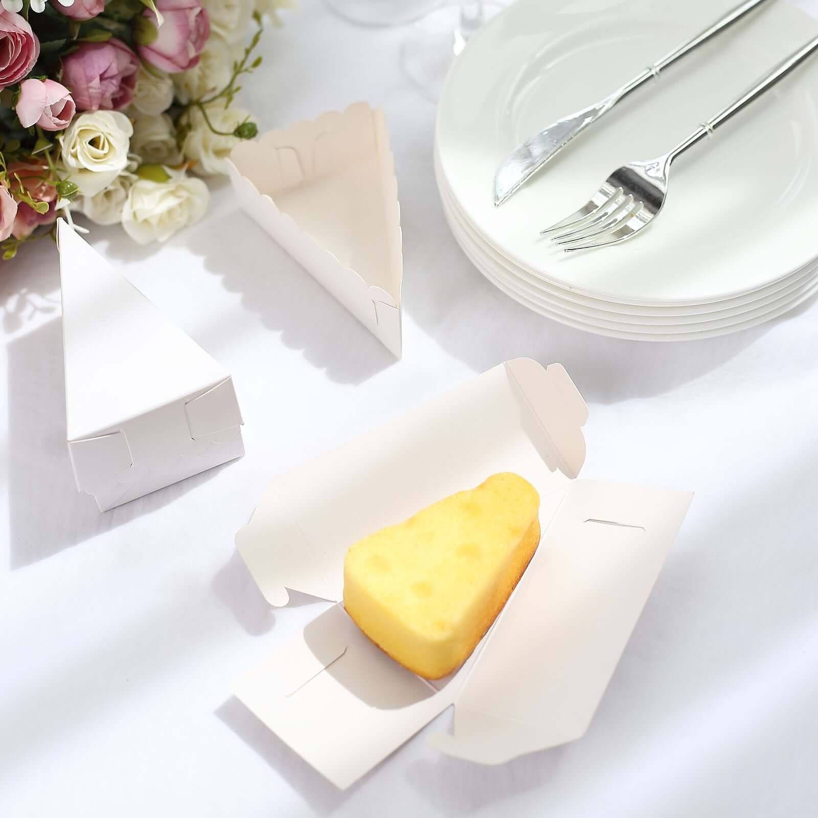 10-Pack White Cardstock Cake Slice Boxes with Scalloped Top - Ideal Decorative Dessert Containers for Party Favors