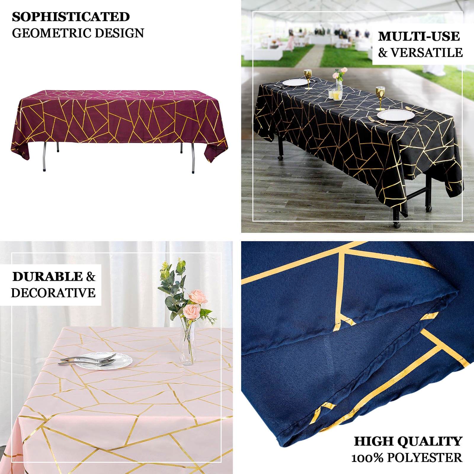 Hot Sale! Wrinkle-Resistant & Durable Polyester Rectangle Tablecloth in Sage Green with Gold Foil Geometric Design (60x102)