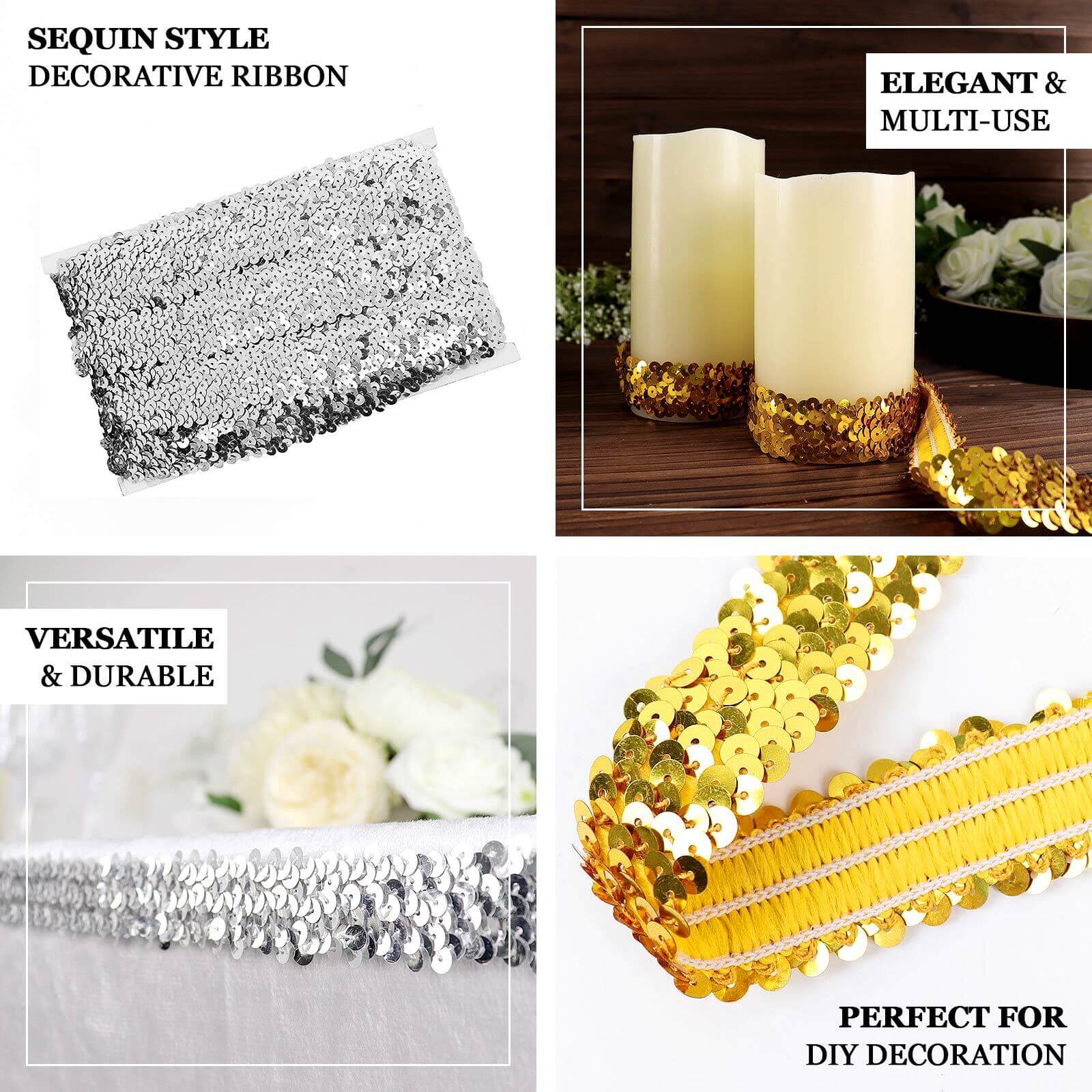 Hot Sale! 10-Yard 1-Inch Metallic Gold Sequin Stretch Fabric Ribbon for Crafting