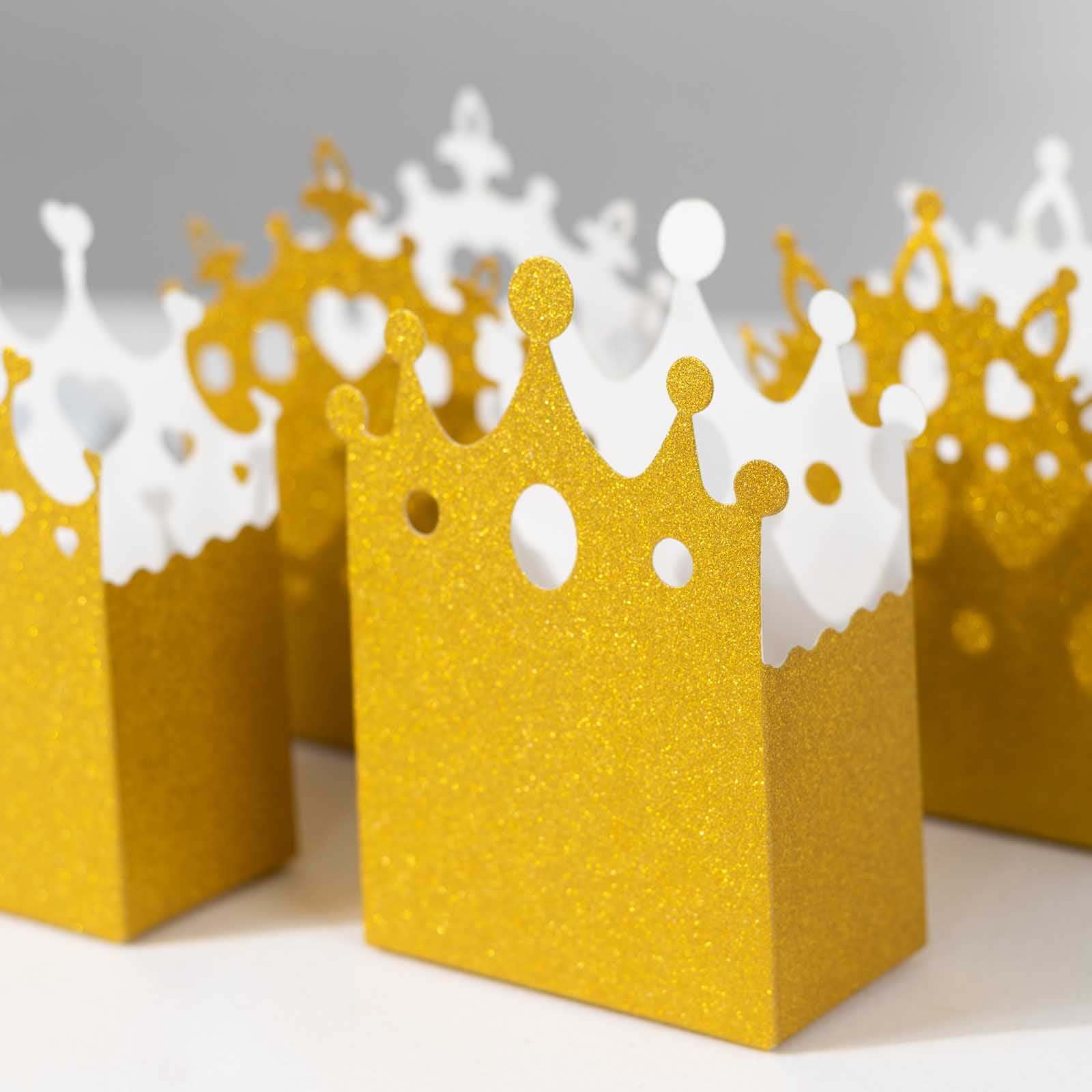 20-Pack Gold Glitter Princess Crown Cardstock Favor Boxes - Ideal for Weddings, Birthdays & Showers