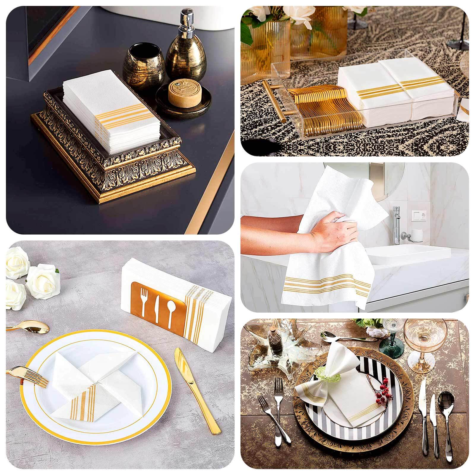 Hot Deal! 20-Pack White Linen-Like Airlaid Napkins with Gold Lines