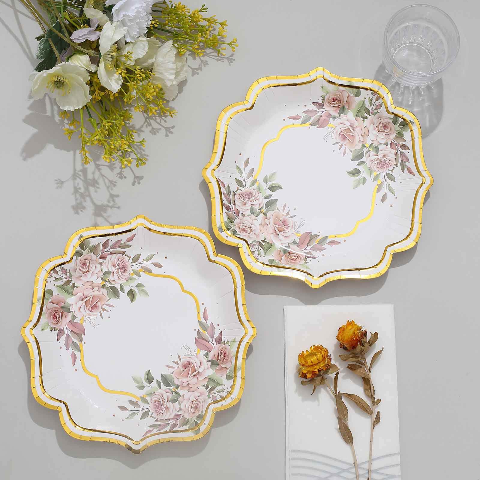 25-Pack Disposable 8-Inch White Floral Gold-Scalloped Dessert Plates for Events